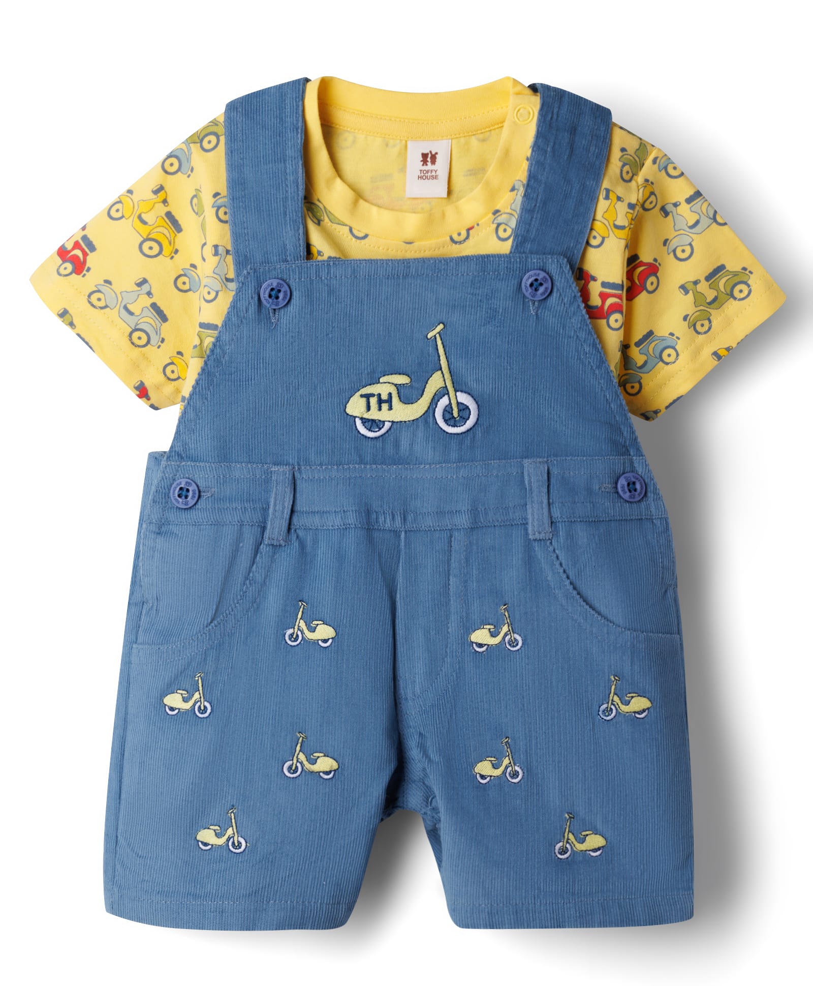 ToffyHouse Cotton Woven Dungaree & Half Sleeves T-Shirt With Scooter Print - Blue & Yellow-picture-20