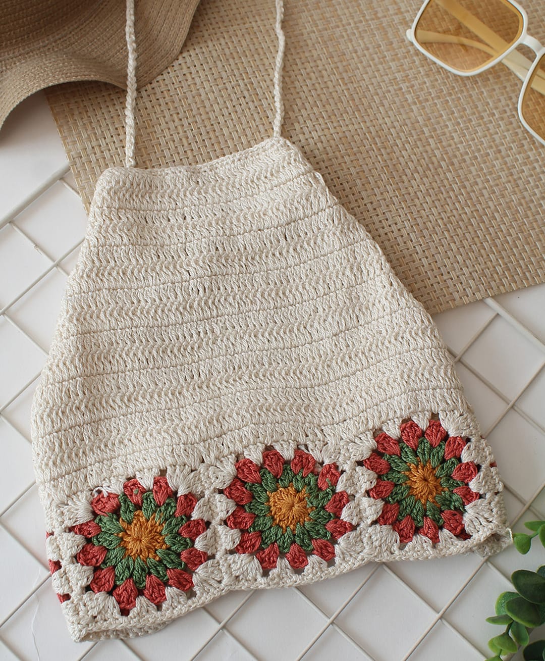 Woonie Cotton Hand Knitted Sleeveless Floral Designed Crochet Top - Off White-picture-11