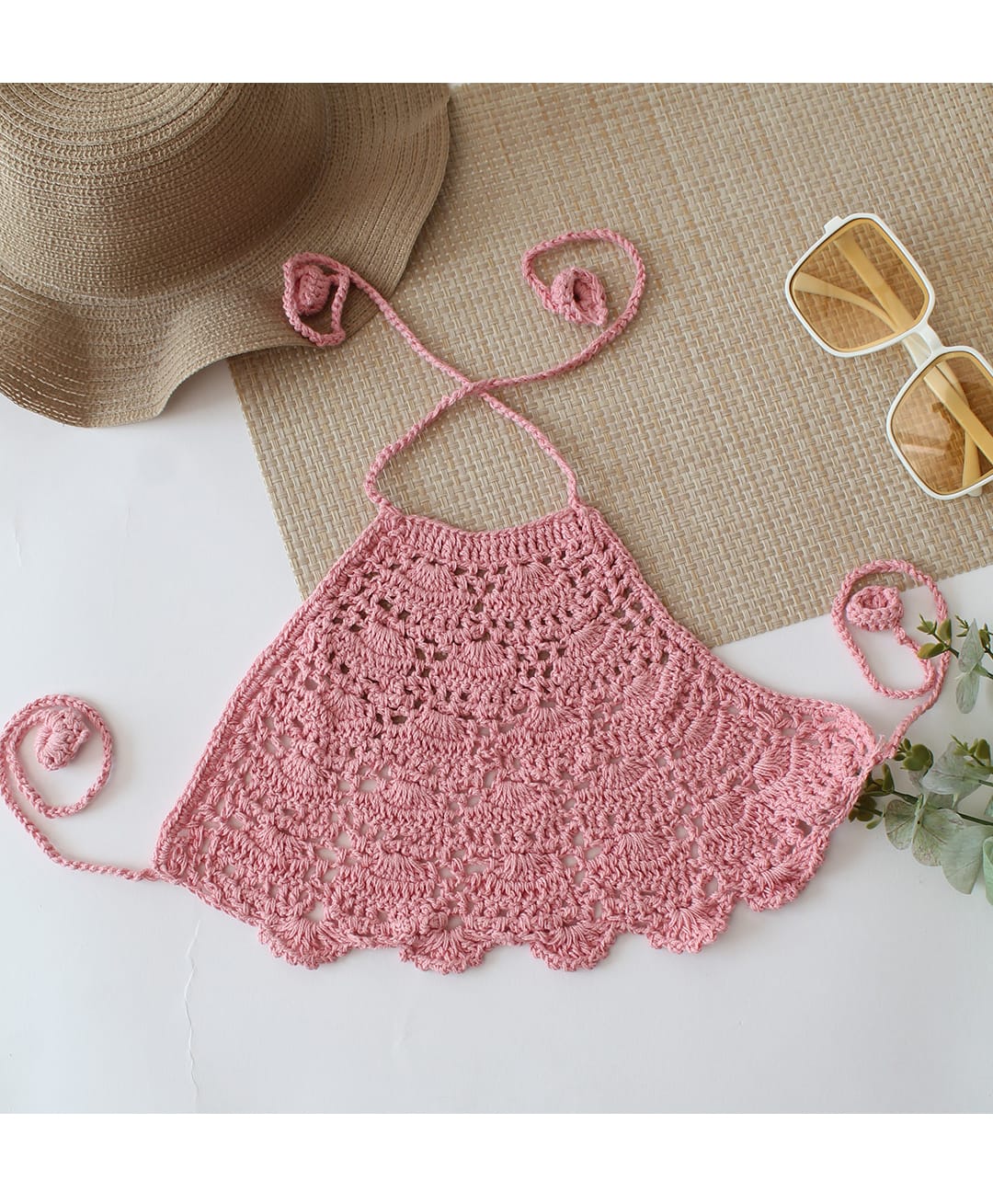 Woonie Cotton Hand Knitted Sleeveless Solid Crochet Top - Light Pink-picture-22