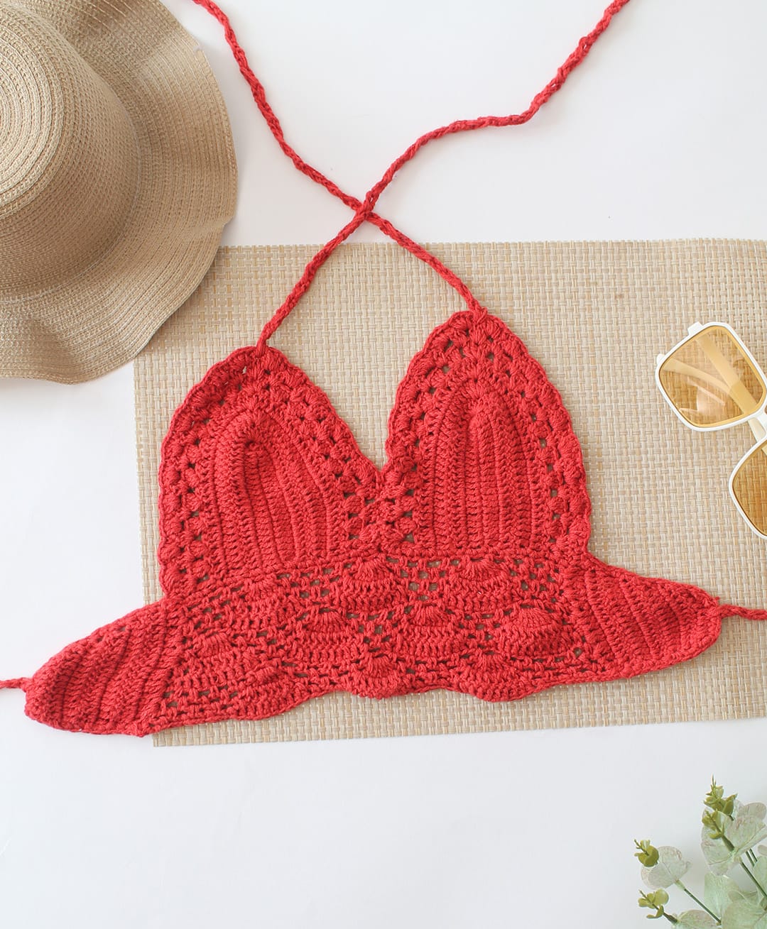Woonie Cotton Hand Knitted Sleeveless Solid Crochet Top - Red-picture-12