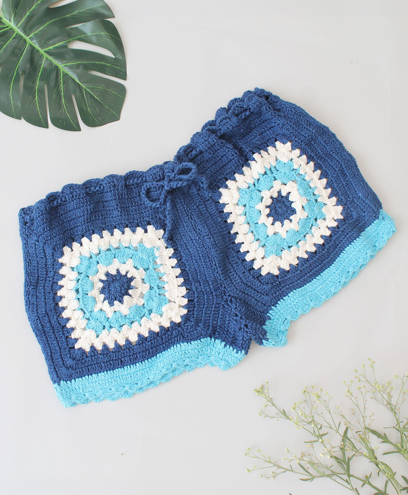 Woonie Cotton Knit Evil Eye Designed Crochet Shorts - Blue-picture-23