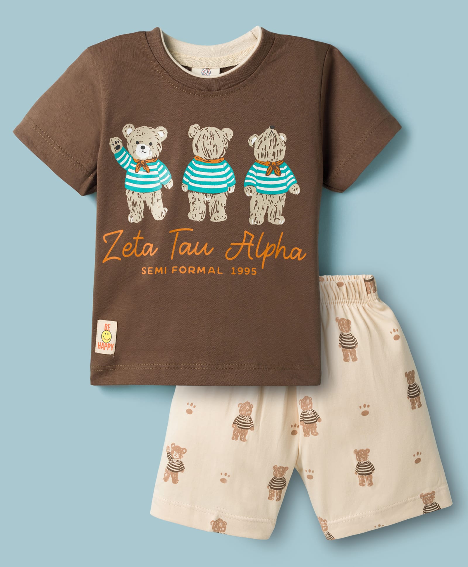 Mini Donuts Sinker Knit Half Sleeves Bear & Text Printed T-Shirt & Shorts Set With Patch - Brown-picture-22