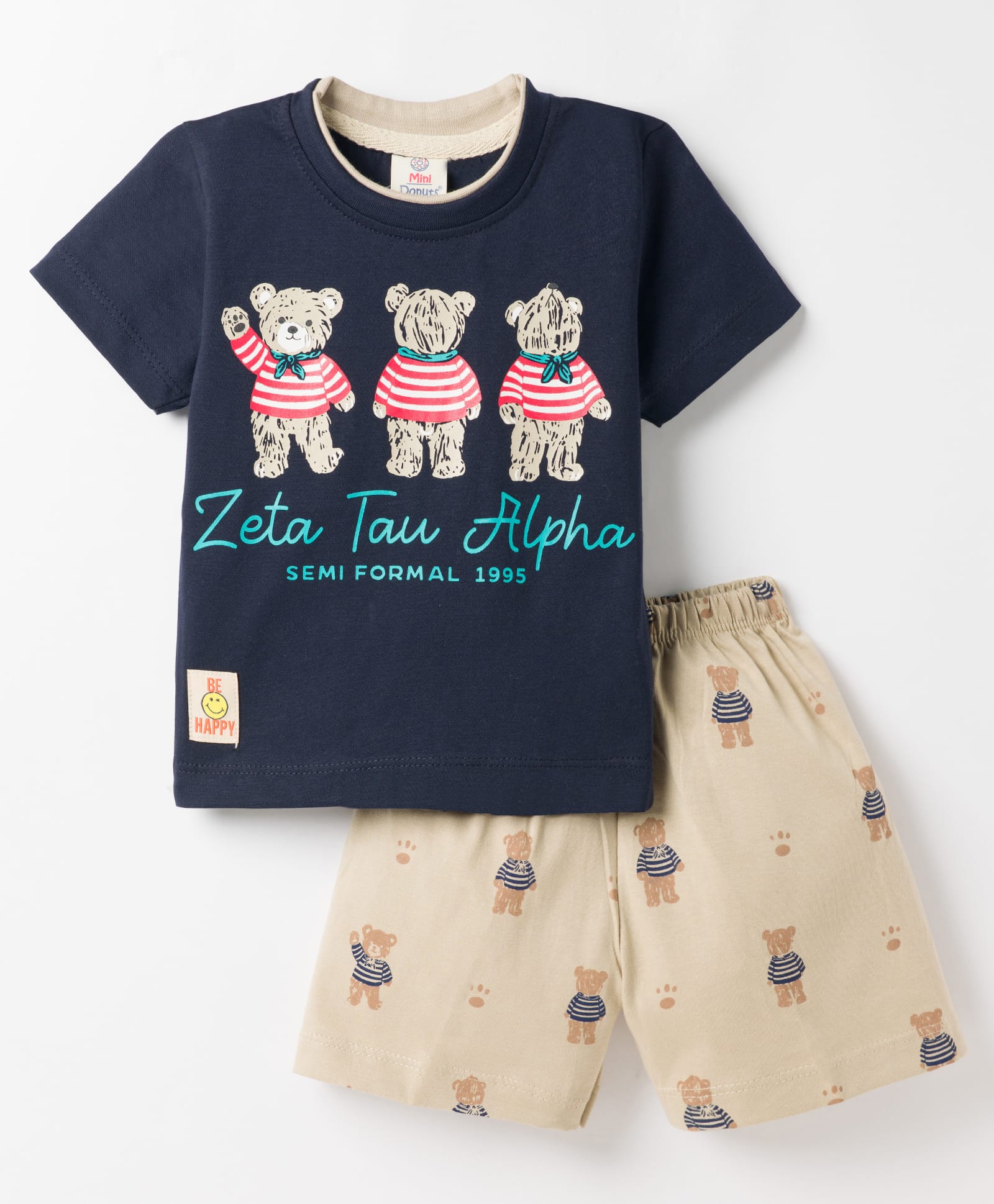 Mini Donuts Sinker Knit Half Sleeves Bear & Text Printed T-Shirt & Shorts Set With Patch - Navy Blue-image-19