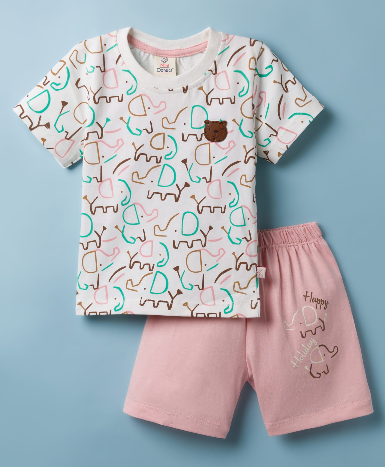 Mini Donuts Sinker Knit Half Sleeves Elephant Printed T-Shirt & Shorts Set With Patch - White & Pink-picture-22