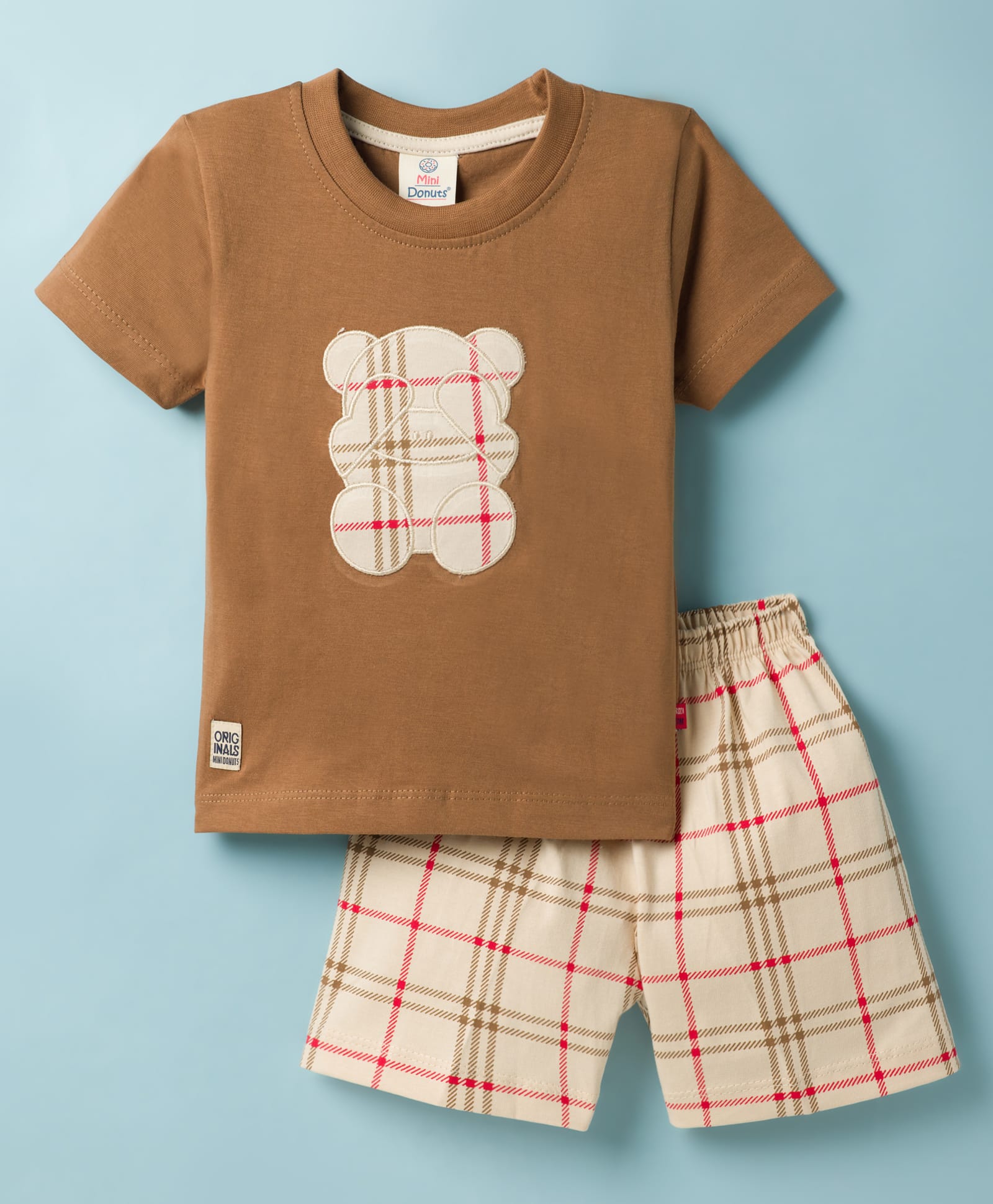 Mini Donuts Sinker Knit Half Sleeves Checked T-Shirt & Shorts Set With Bear Patch - Brown-image-33