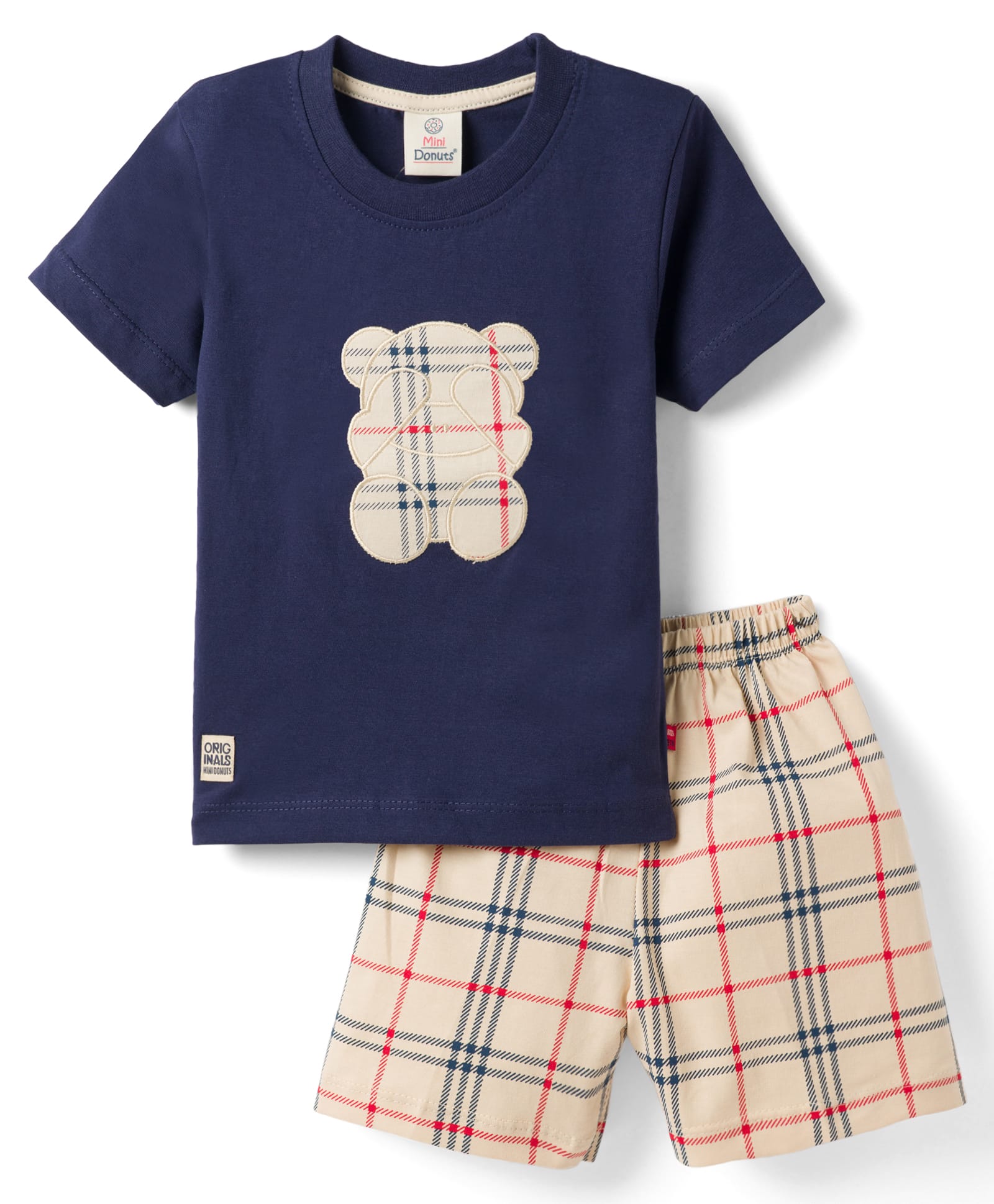 Mini Donuts Sinker Knit Half Sleeves Checked T-Shirt & Shorts Set With Bear Patch - Navy Blue-image-34