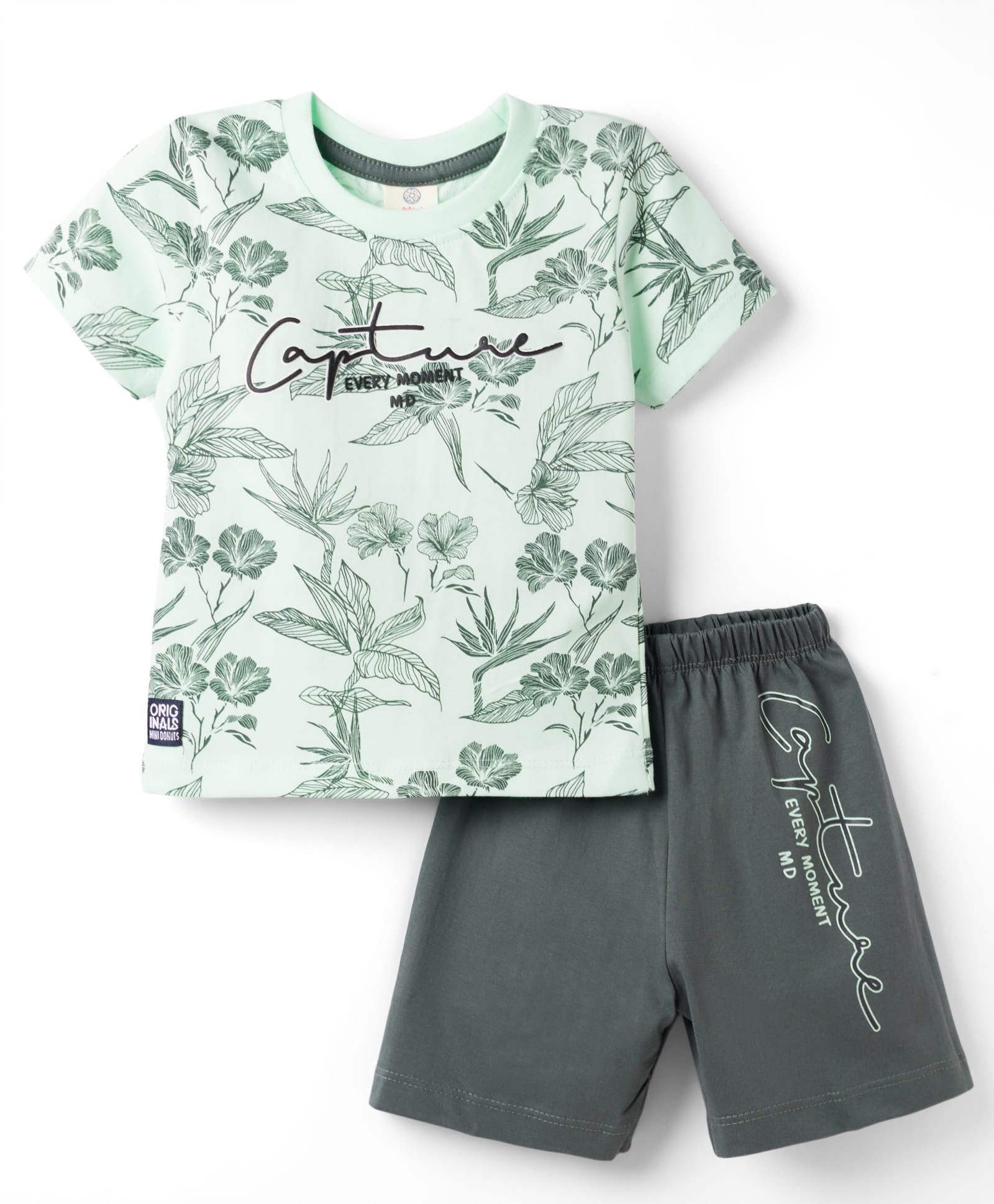 Mini Donuts Sinker Knit Half Sleeves Tropical Theme & Text Printed T-Shirt & Shorts Set - Light Green-image-39