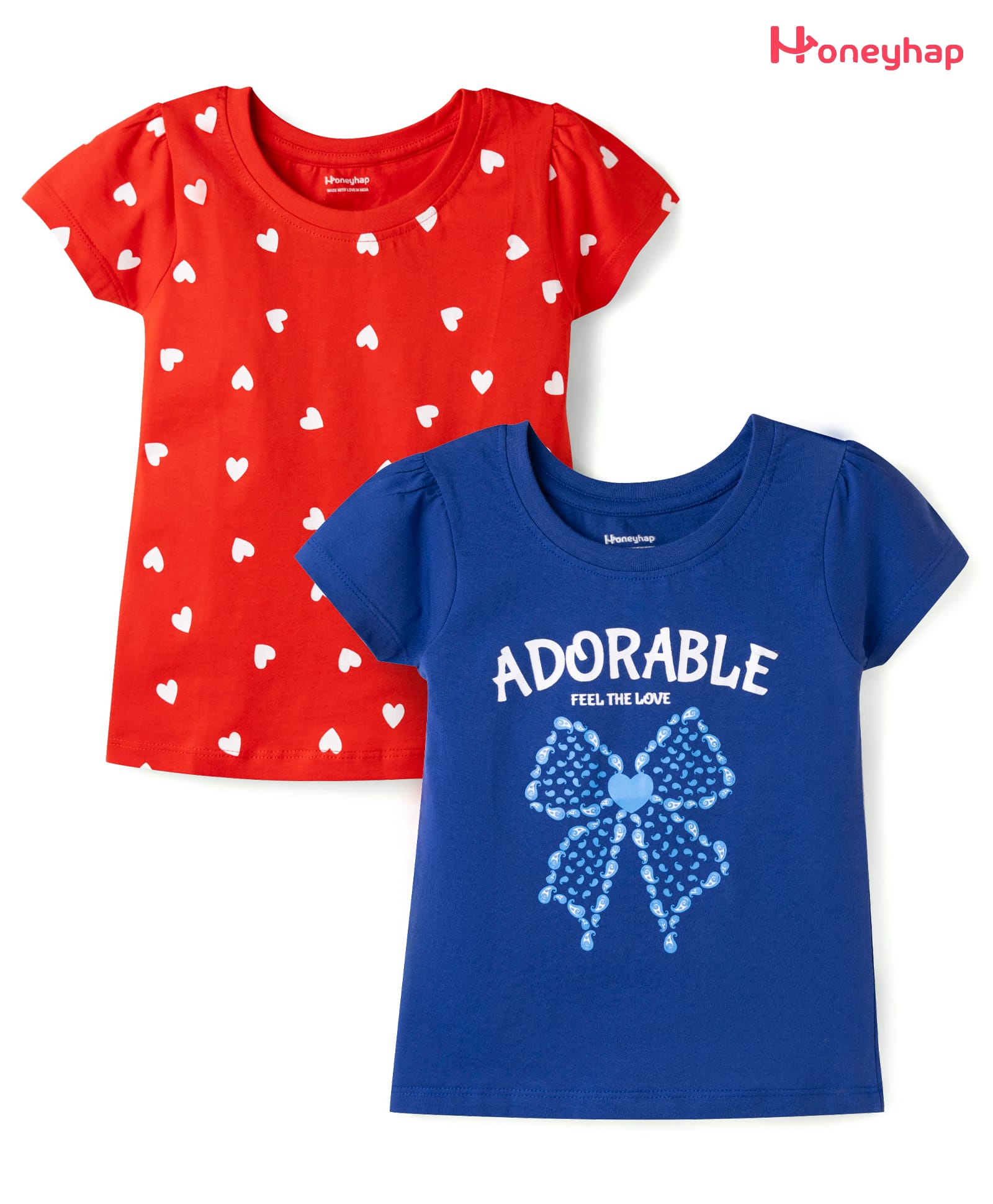 Honeyhap Premium 100% Cotton Knit Half Sleeves Hearts & Bow Printed Tops Pack Of 2 - High Risk Red & Limoges-picture-24