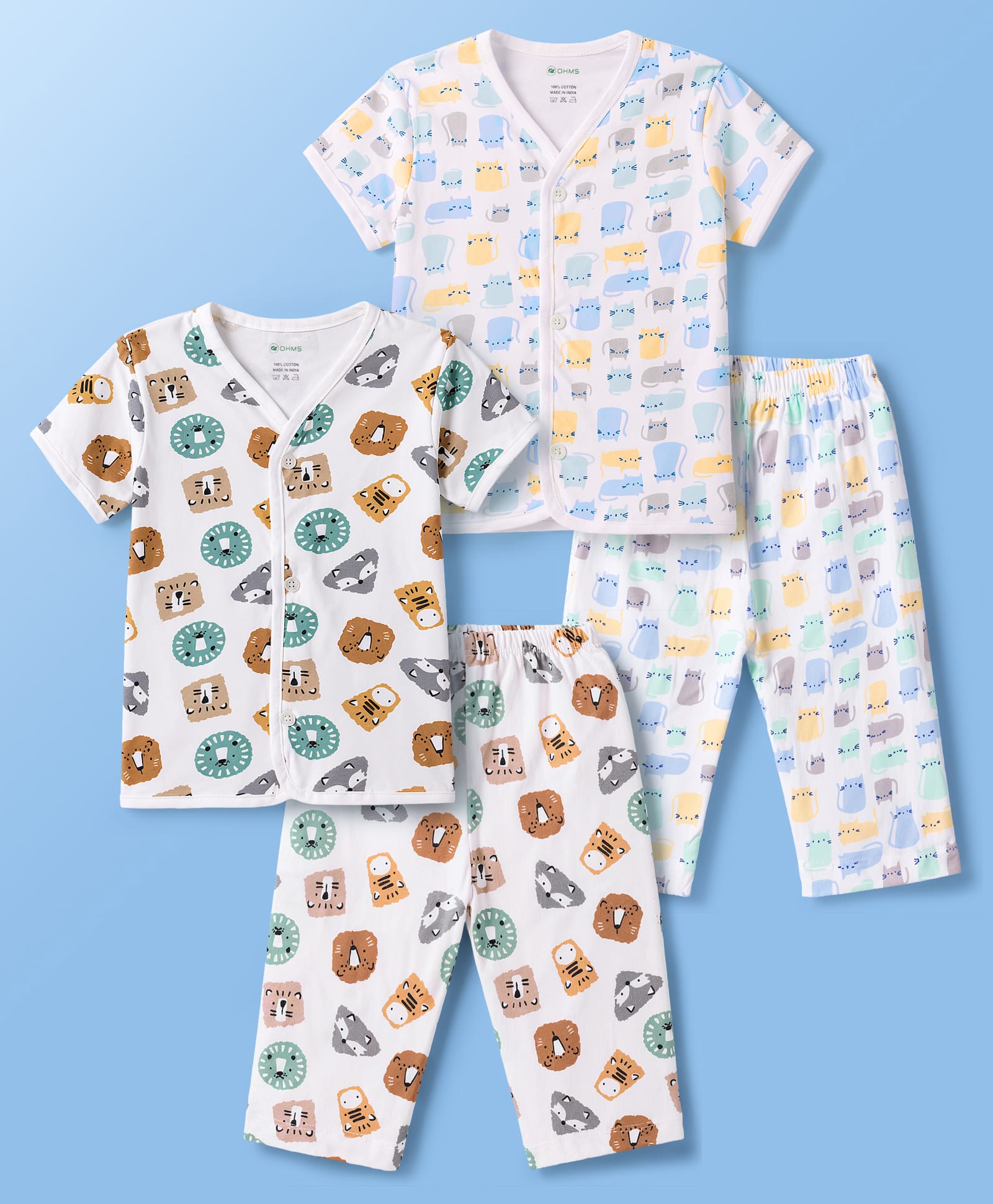 OHMS Single Jersey Knit Half Sleeves Animal Printed Co-Ords T-Shirt Pyjama Night Suit Pack of 2 - White-picture-36