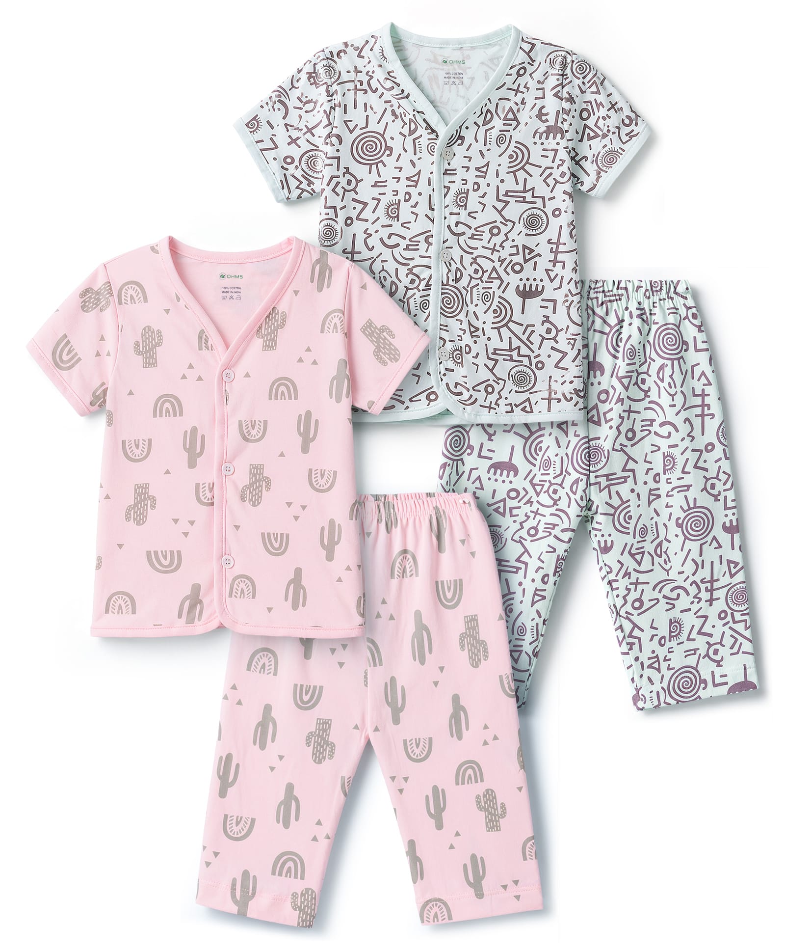 OHMS Single Jersey Knit Half Sleeves Cactus Printed Co-Ords T-Shirt Pyjama Night Suit Pack of 2 - Pink & Grey-image-17