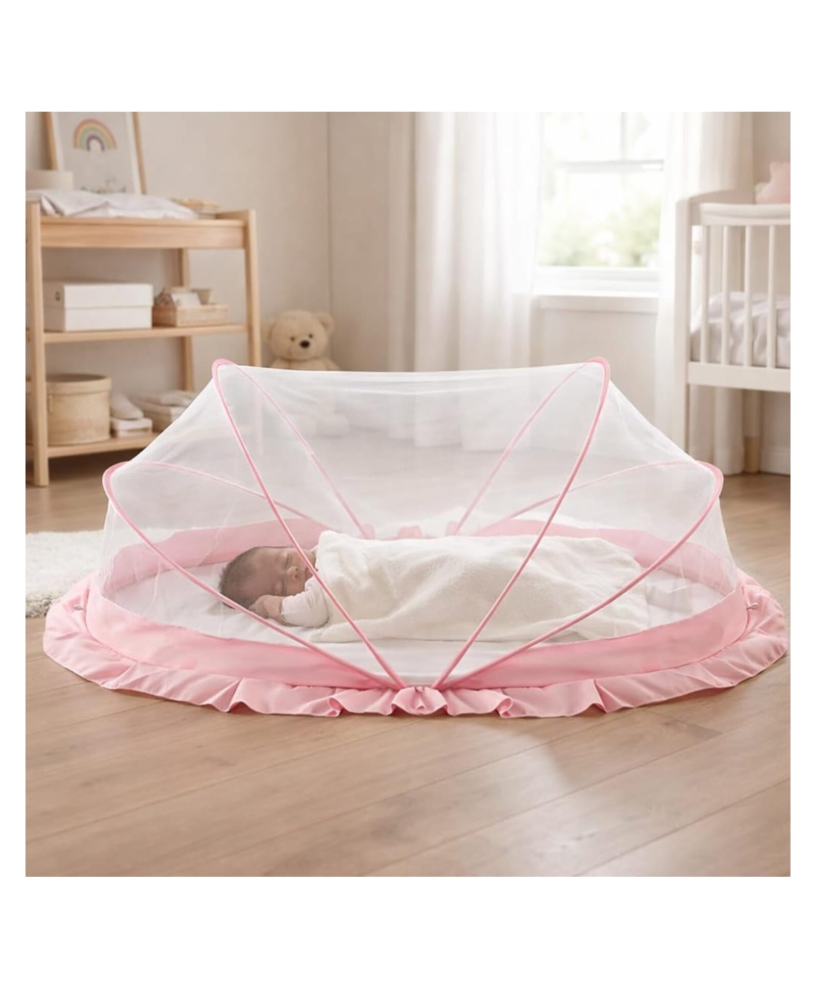 AEREX Foldable Baby Mosquito Net for Bed | Portable Bottomless Mosquito Net for Newborn Baby 90 x 50 x 50 cm | Anti-Mosquito Net, Breathable Mesh | Safe Sleeping Net for Infants (Pink)-image-43