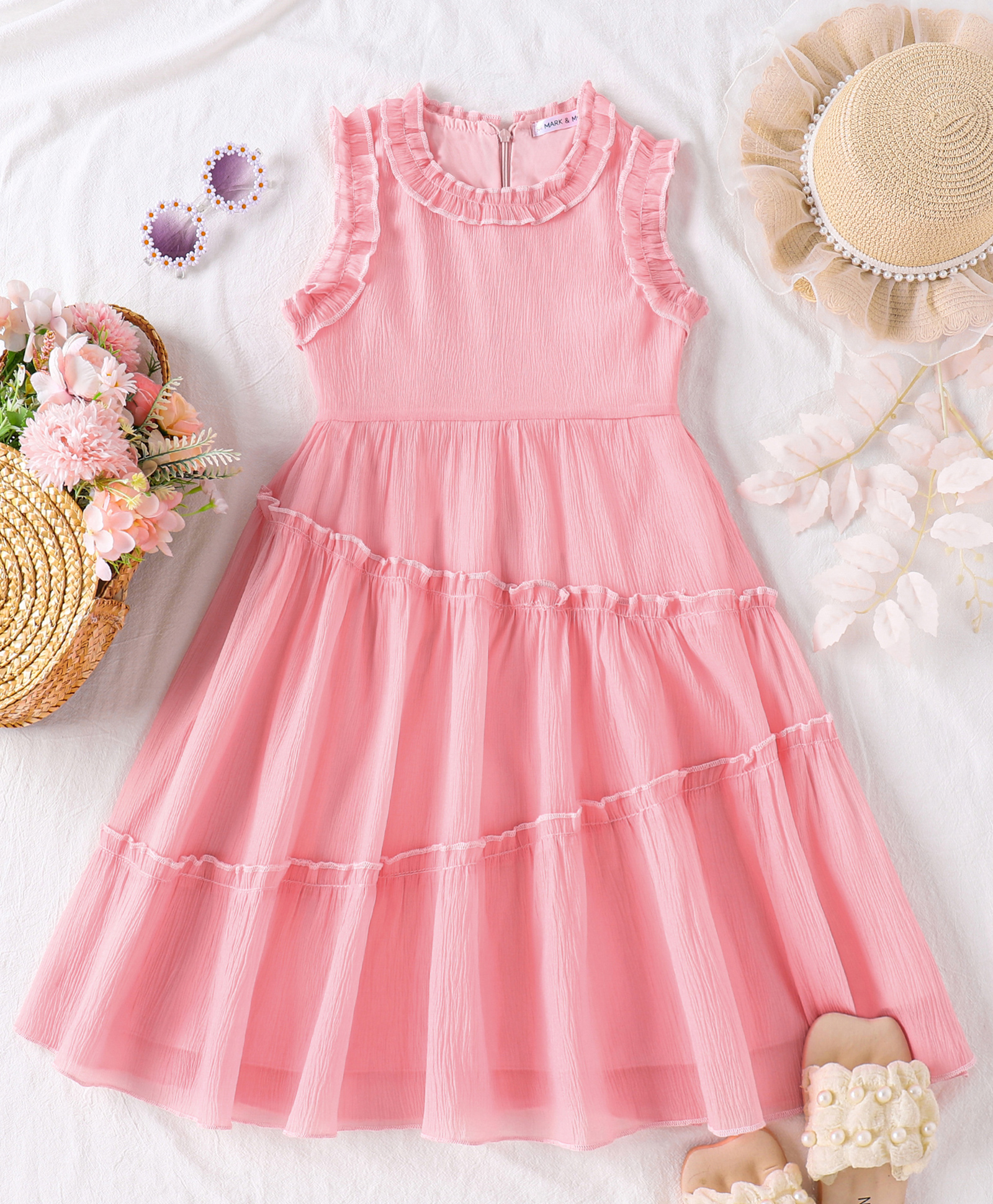 Mark & Mia Sleeveless Solid Textured Tiered Party Frock - Pink-image-24