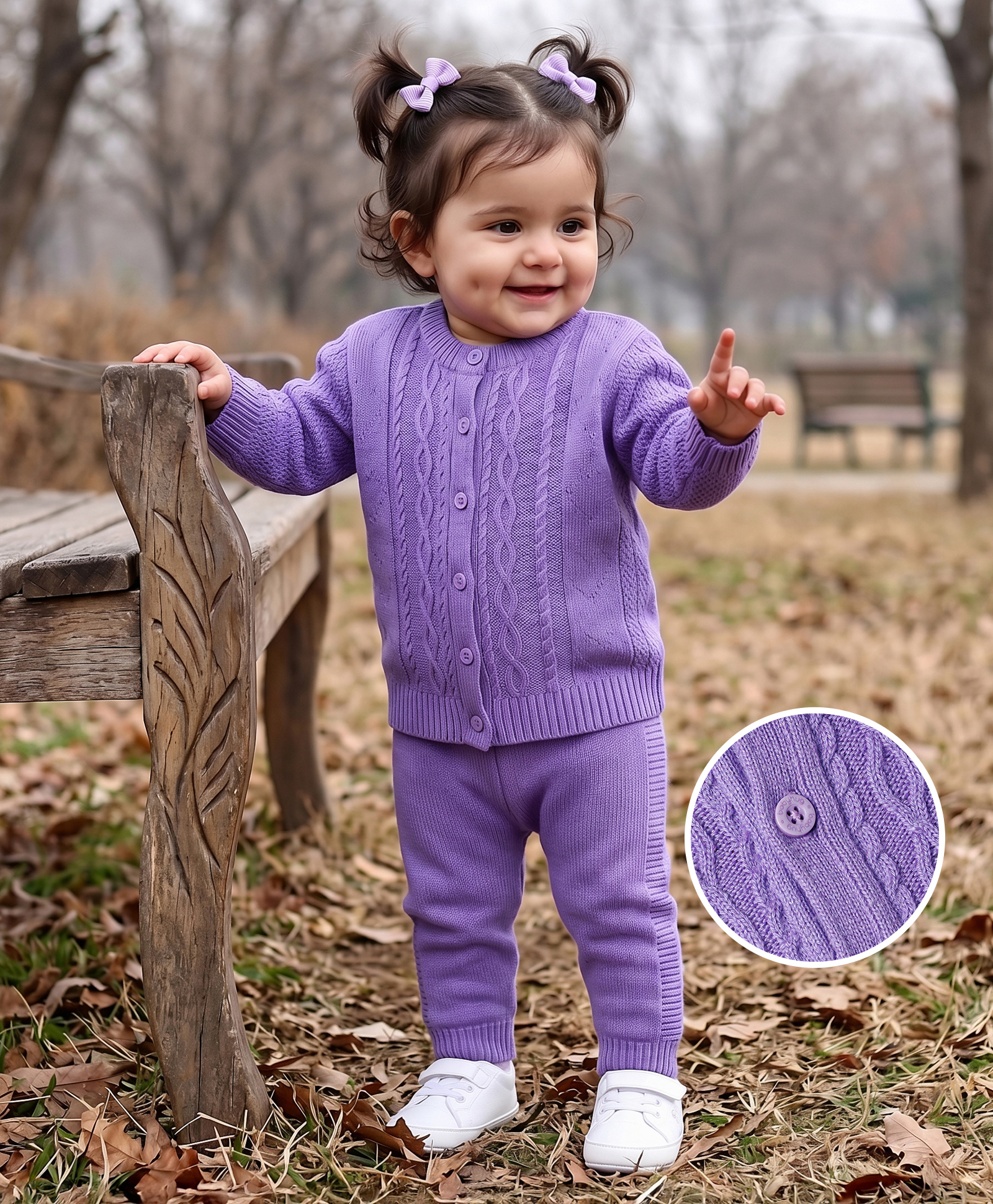 Babyhug Knit Full Sleeves Sweater Set with Cable Knit Design - Purple-picture-27