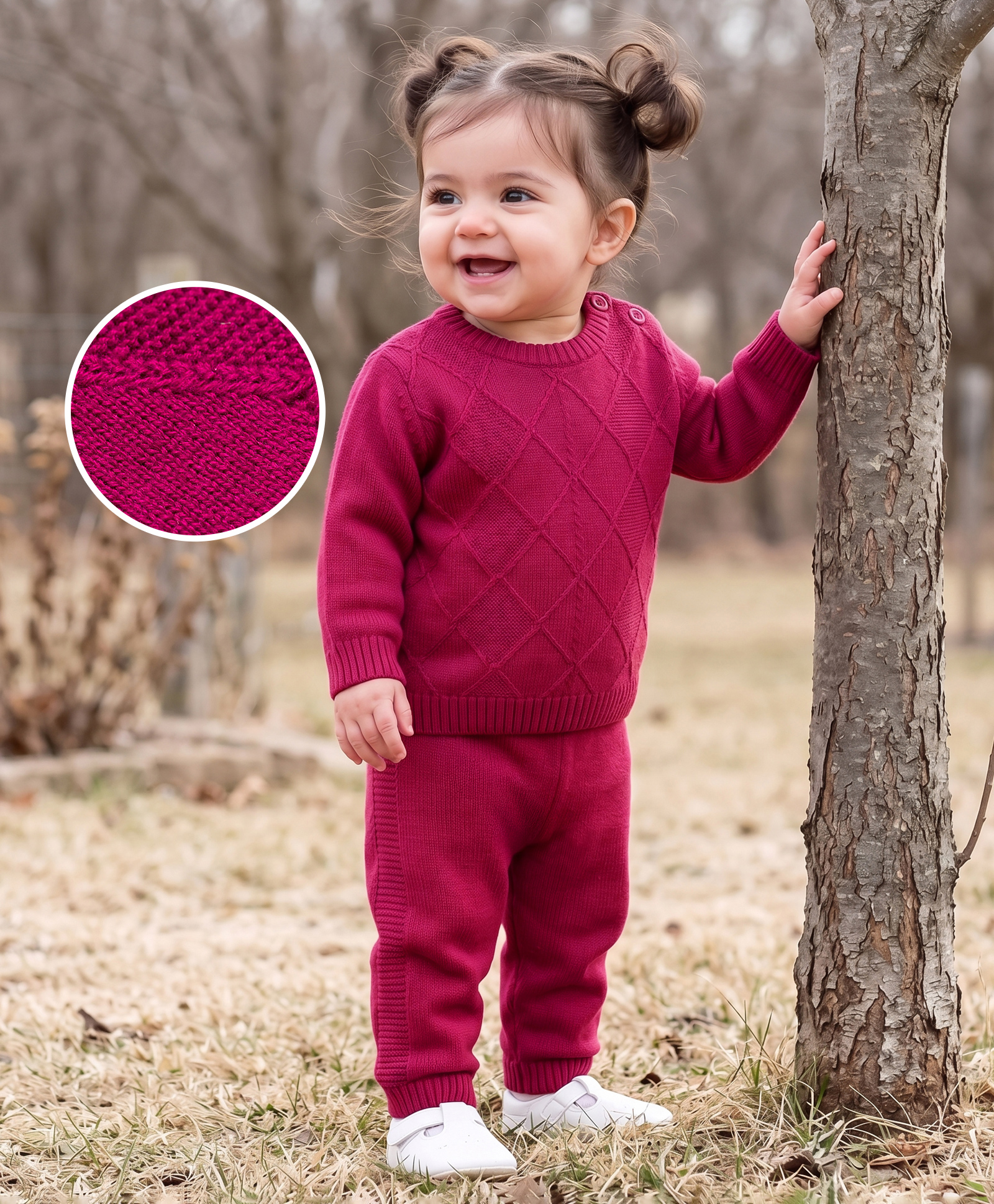 Babyhug Full Sleeves Sweater Set With Chevron Knitting Design - Wine-image-39
