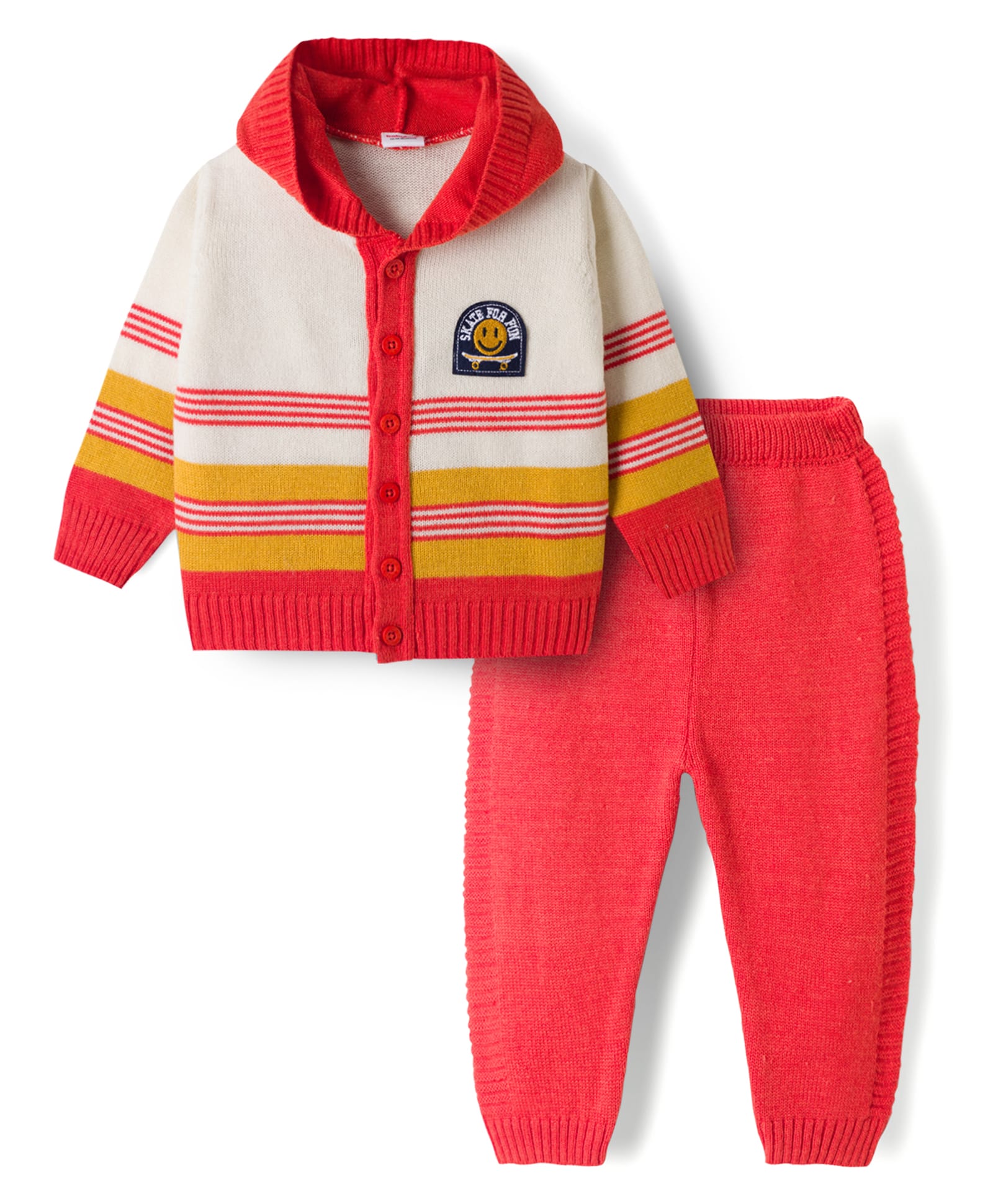 Babyhug Knit Full Sleeves Striped Sweater Set with Hood - Red