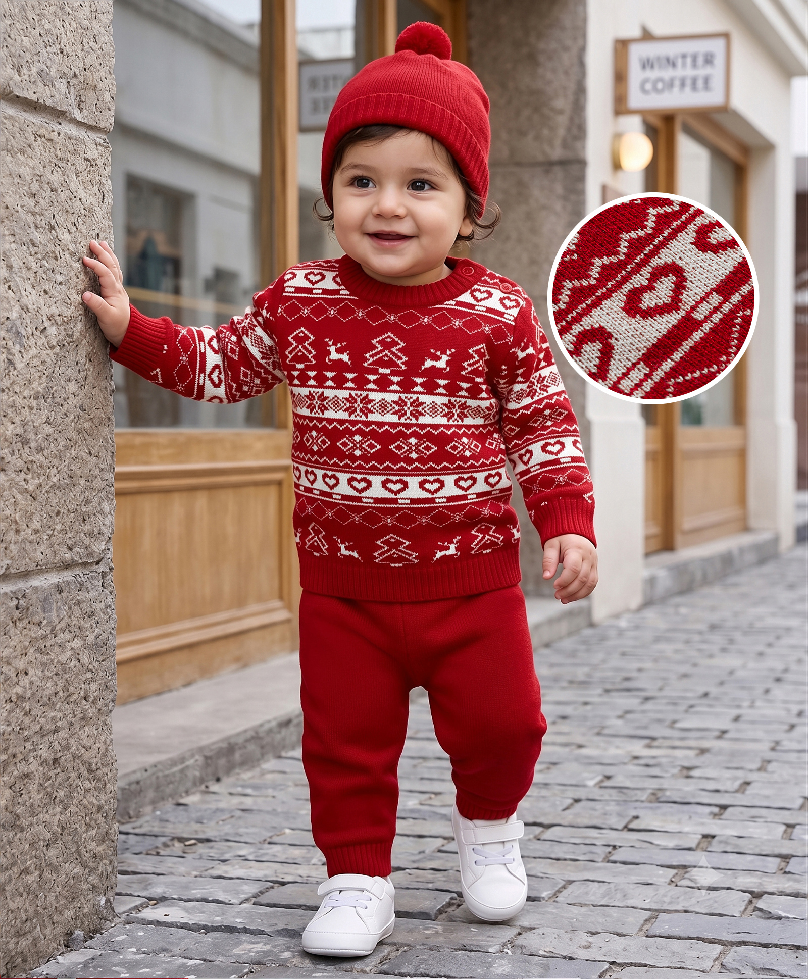 Babyhug Knit Full Sleeves Sweater Set With Floral & Hearts Design With Cap - Red-image-39