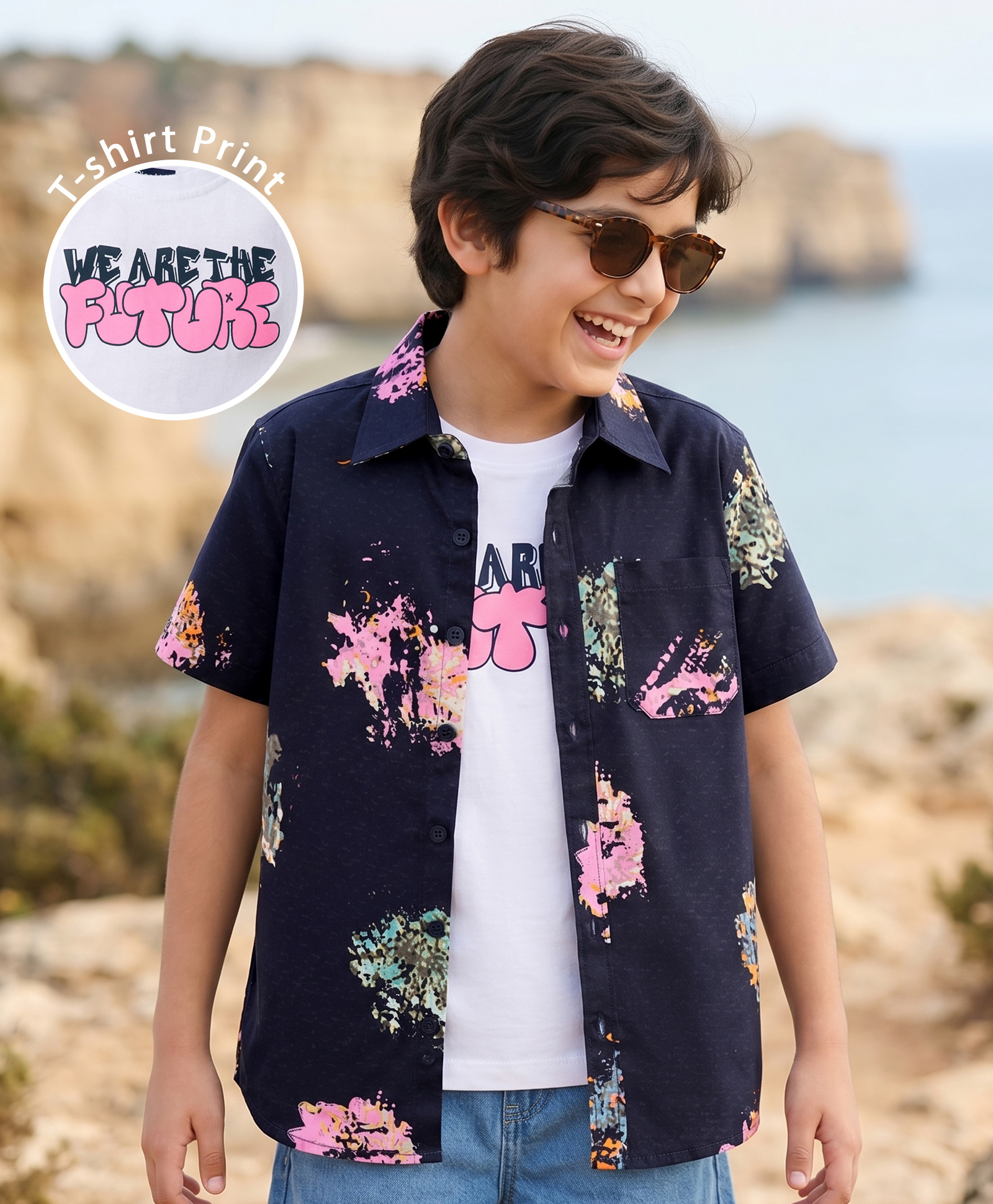 Pine Kids Cotton Woven Half Sleeves Printed Shirt With T-Shirt - Blue-picture-22