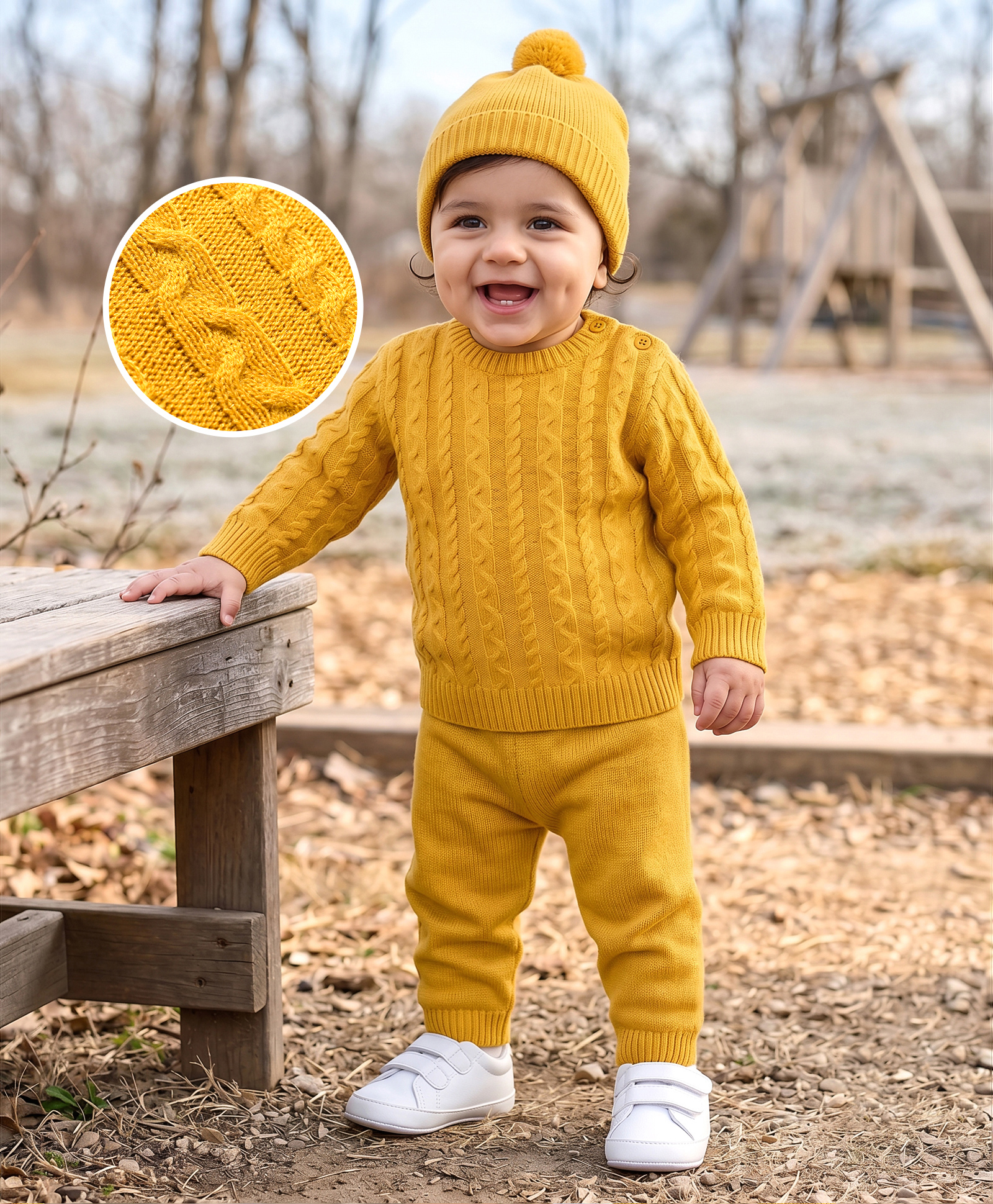 Babyhug Knit Full Sleeves Sweater Set With Cap & Cable Knit - Mustard-image-14