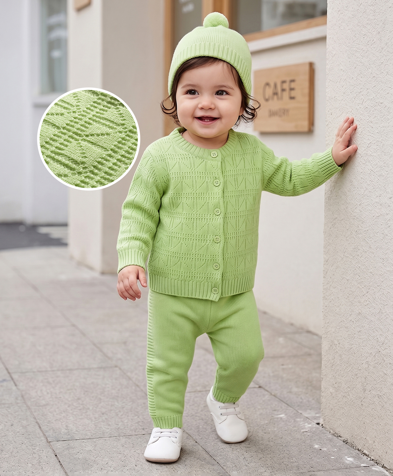 Babyhug Knit Full Sleeves Solid Textured Sweater Set With Cap - Light Green-picture-22