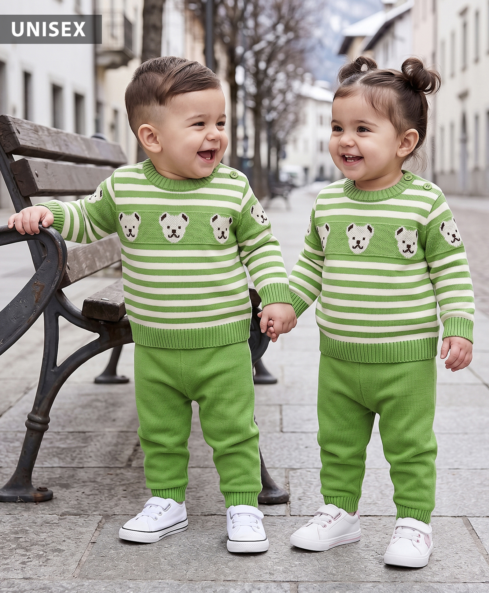 Babyhug Knit Full Sleeves Striped Sweater Set With Bear Design - Green-image-31