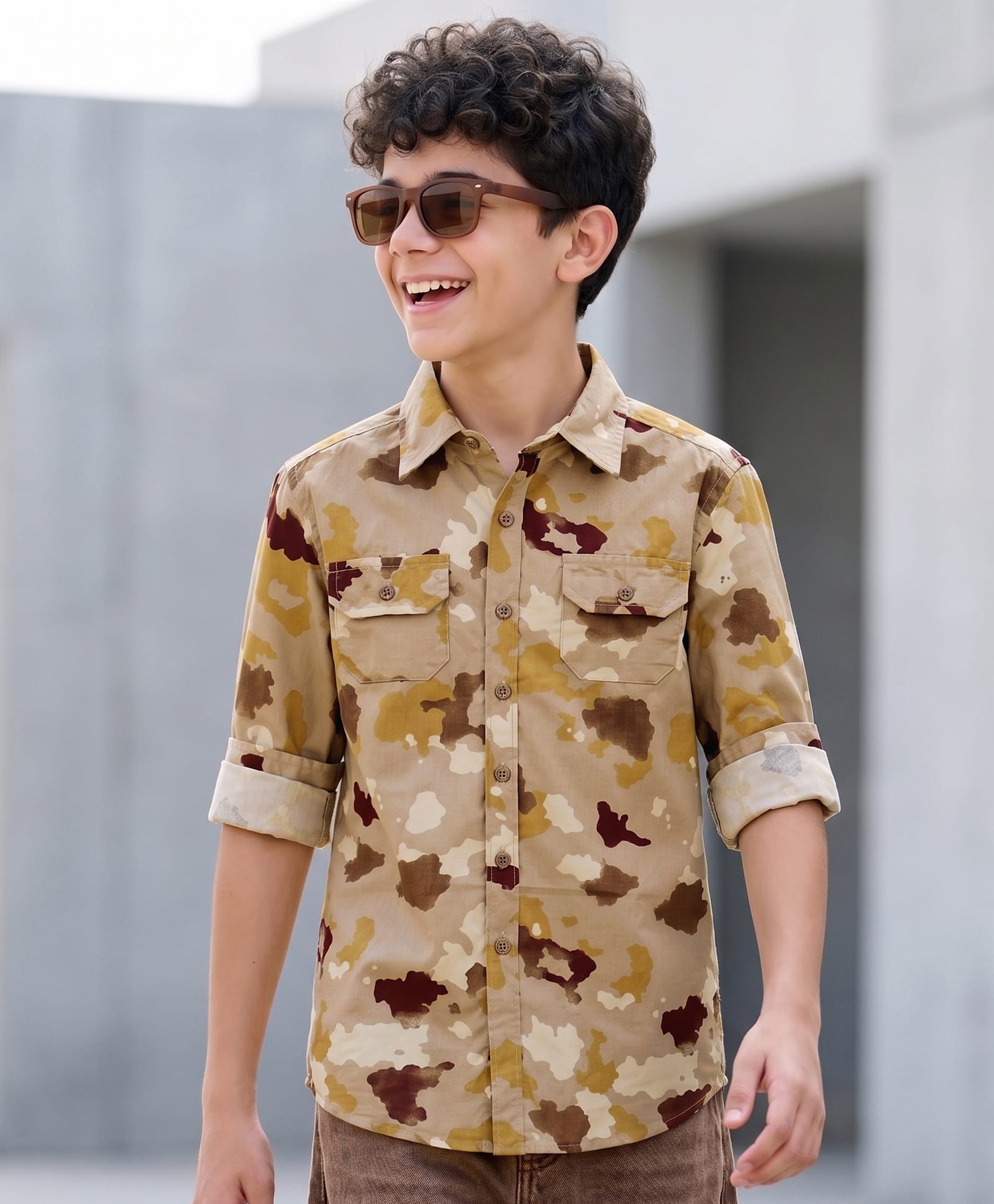 Pine Kids Cotton Woven Full Sleeves Shirt With Camouflage Print - Brown-picture-23