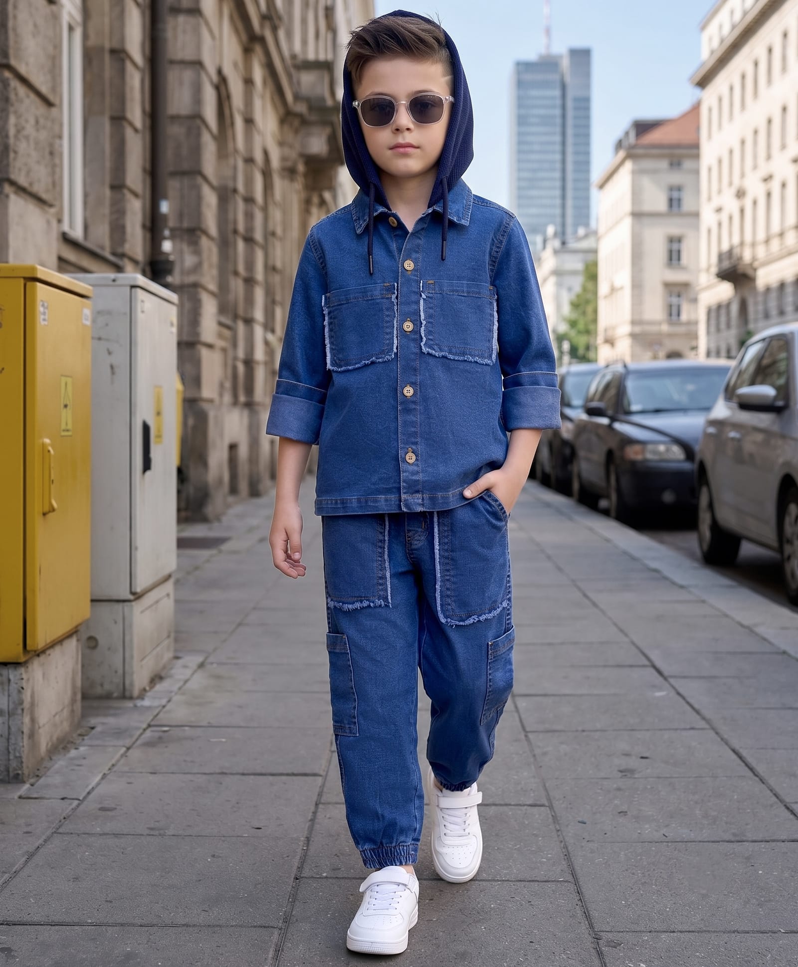 Ollington St. Denim Co-Ords Full Sleeves Solid Colour Hooded Shirt & Joggers - Blue-image-1