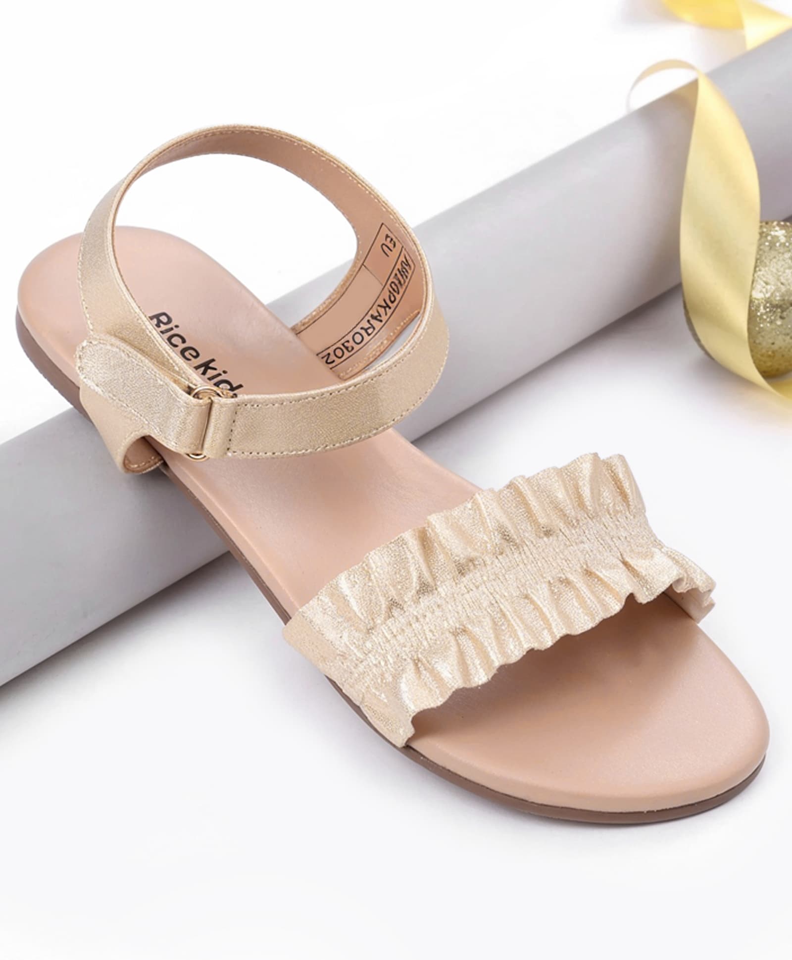 Pine Kids Velcro Closure Sandals With Frill Detailing - Golden-picture-6