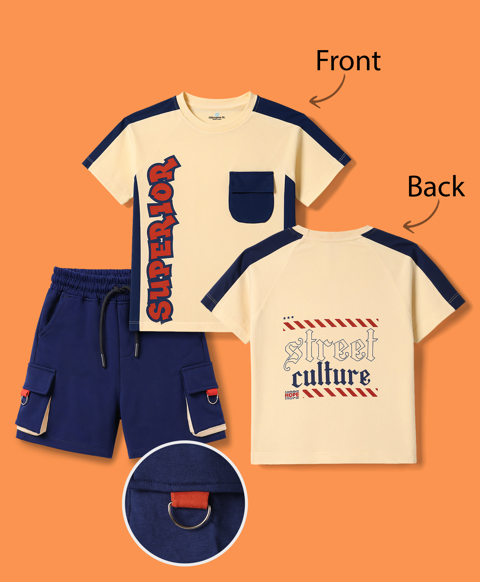 OLLINGTON ST. Sinker Knit Half Sleeves T-Shirt & Shorts Set With Text Print - Multicolor-image-46