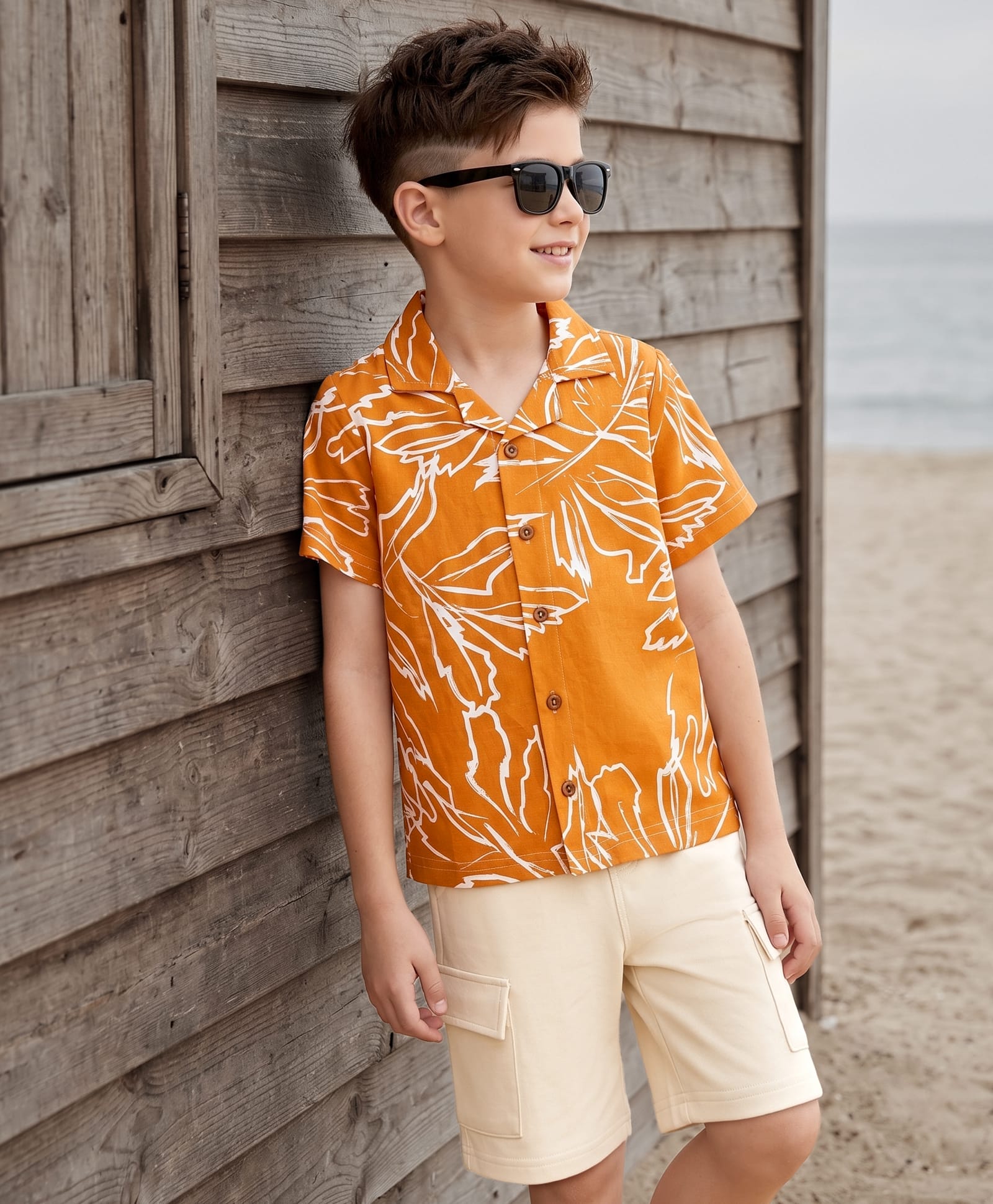 OLLINGTON ST. Cotton Knit Tropical Theme Printed Half Sleeve Resort Collar Shirt & Shorts Set - Multicolour & Orange-picture-11