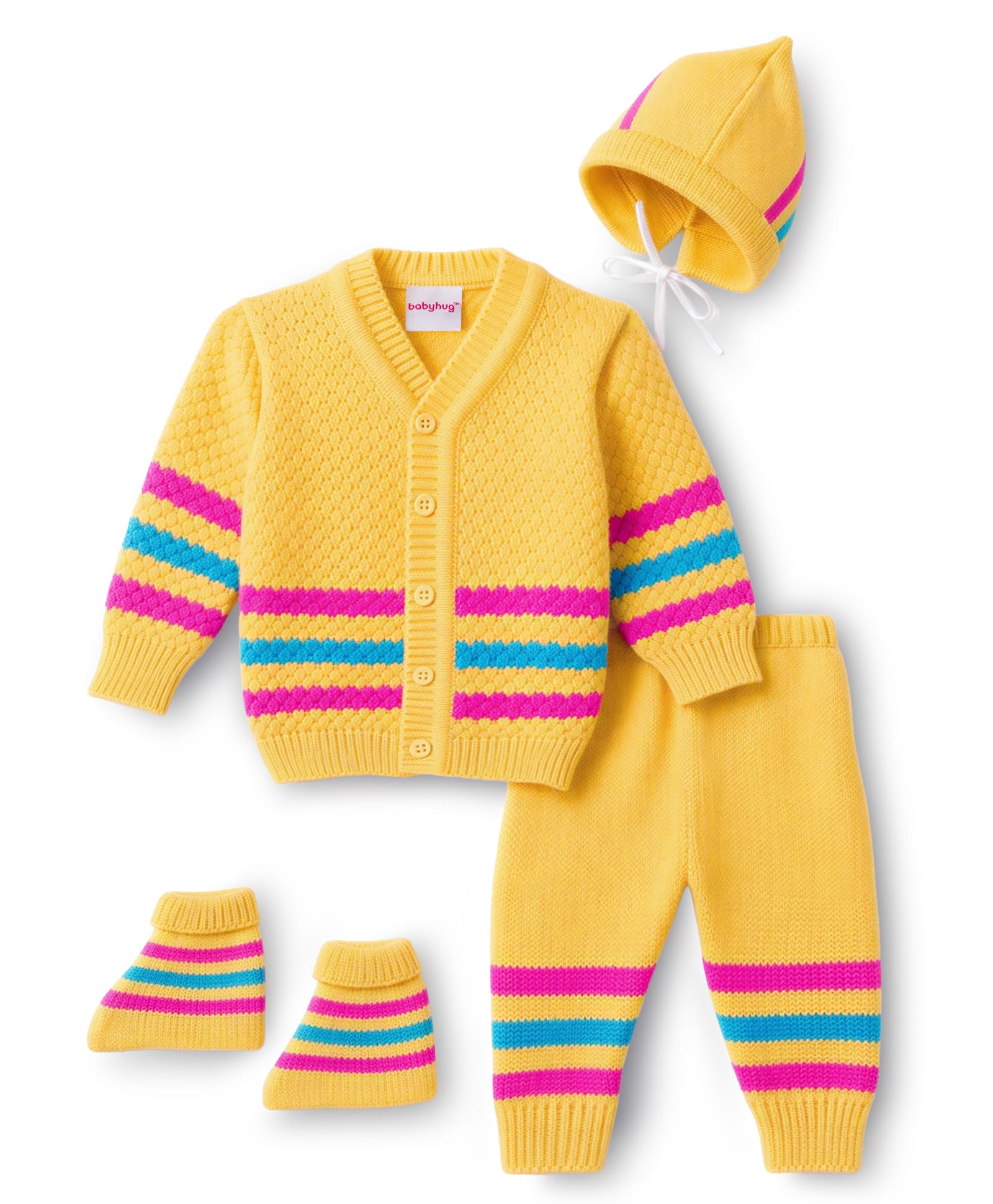 Babyhug Knit Full Sleeves Striped Sweater Set with Cap and Booties - Yellow-image-36