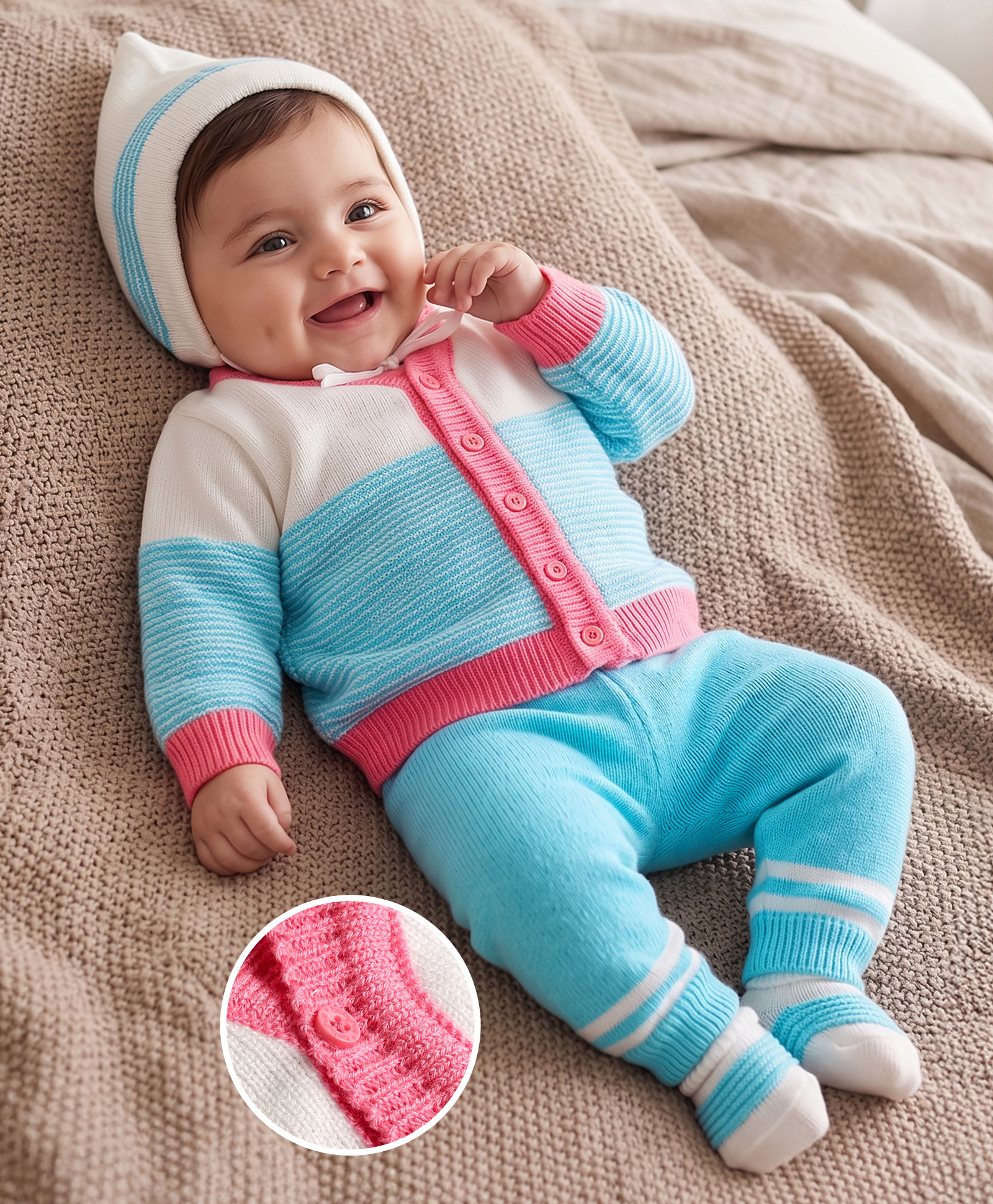 Babyhug Knit Full Sleeves Striped Sweater Set With Booties & Cap - Teal Blue-image-2
