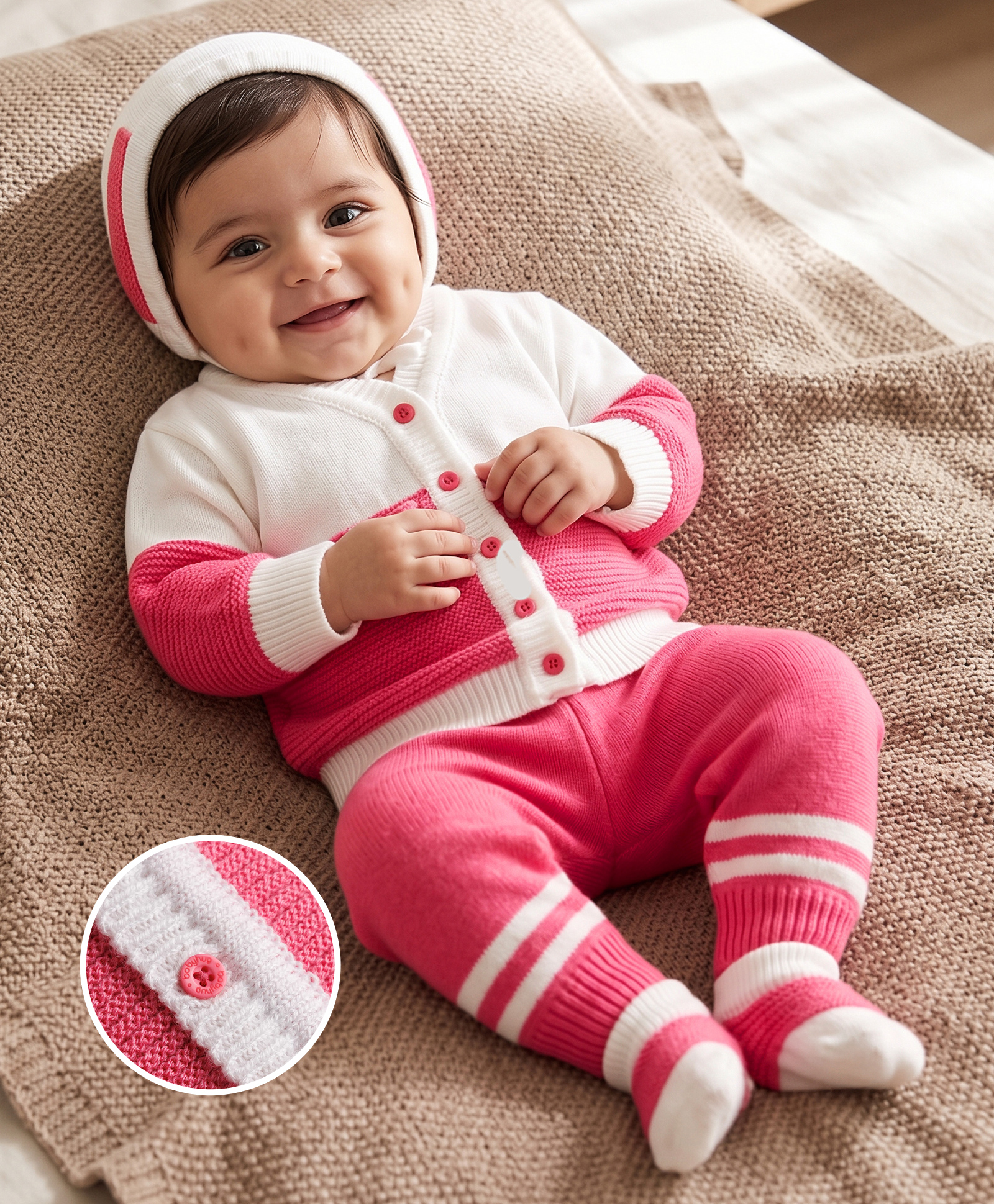 Babyhug Knit Full Sleeves Striped Sweater Set With Cap & Booties Set - Dark Pink-image-26