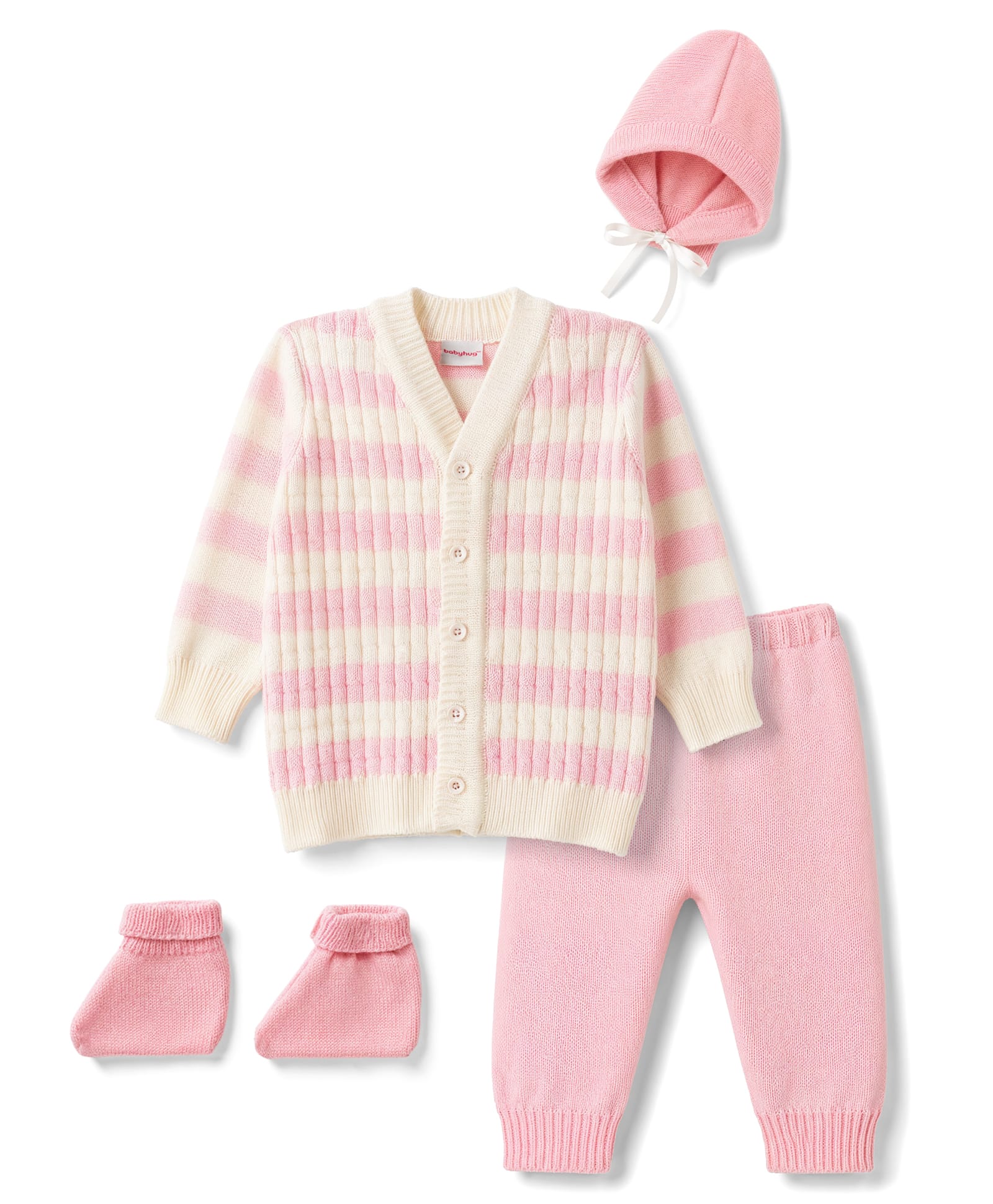 Babyhug Knit Full Sleeves Striped Sweater Set with Cap and Booties - White & Pink-image-45