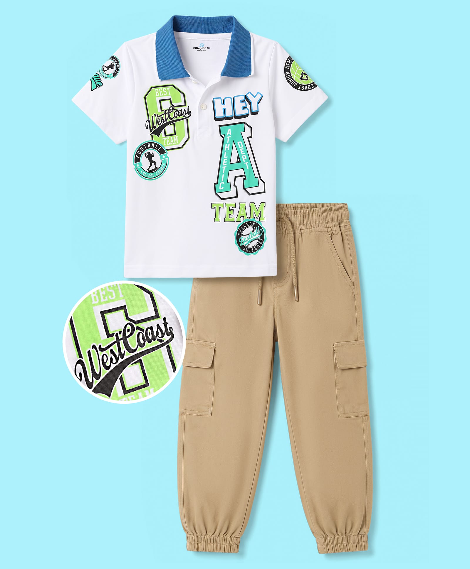 OLLINGTON ST. Cotton Knit Half Sleeve Printed T- Shirt & Twill Joggers - White & Brown-image-48