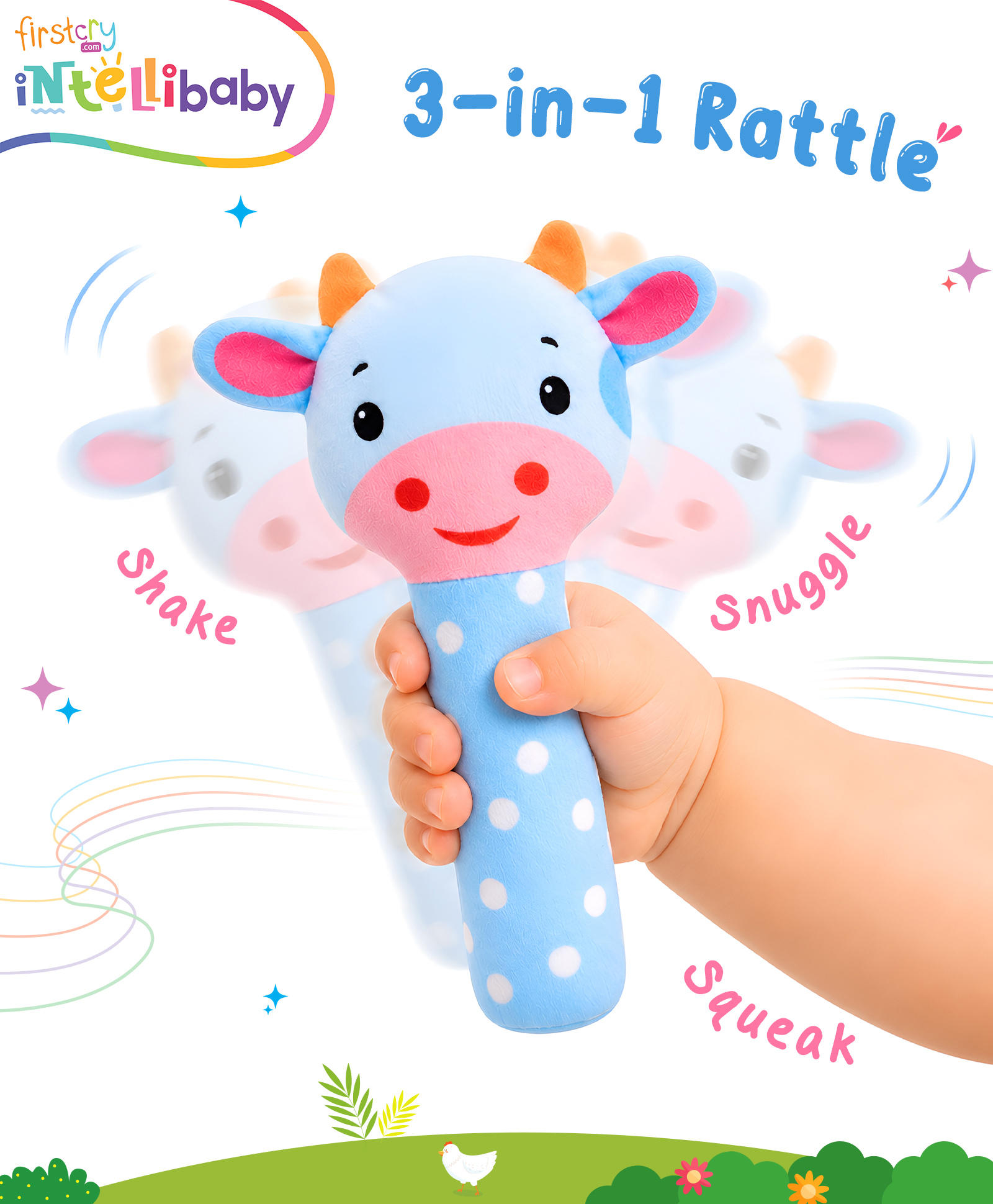 Intellibaby Tiny Tails Cow Handheld Rattle for Infants | Soft Animal Plush Toy | Squeeze Handle for Squeaky Sound | Sensory & Motor Skills | Baby Safe Paediatrician Approved BIS Approved- Multicolor-image-27