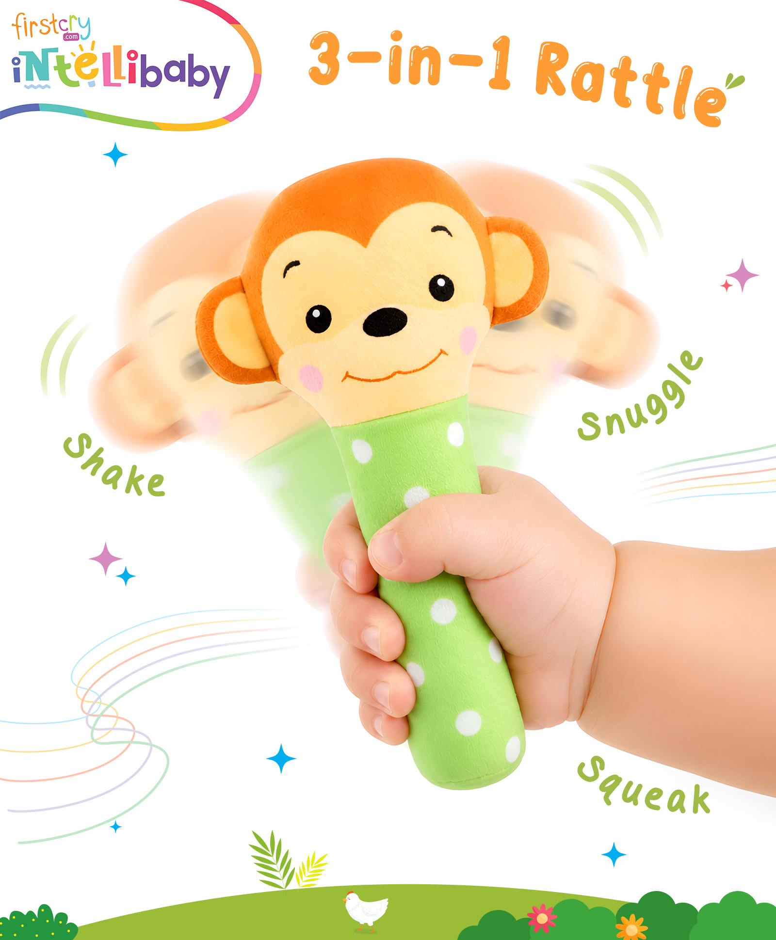 Intellibaby Tiny Tails Monkey Handheld Rattle for Infants | Soft Animal Plush Toy Squeeze Handle for Squeaky Sound Sensory & Motor Skills Baby Safe Paediatrician Approved BIS Approved - Multicolor-picture-46
