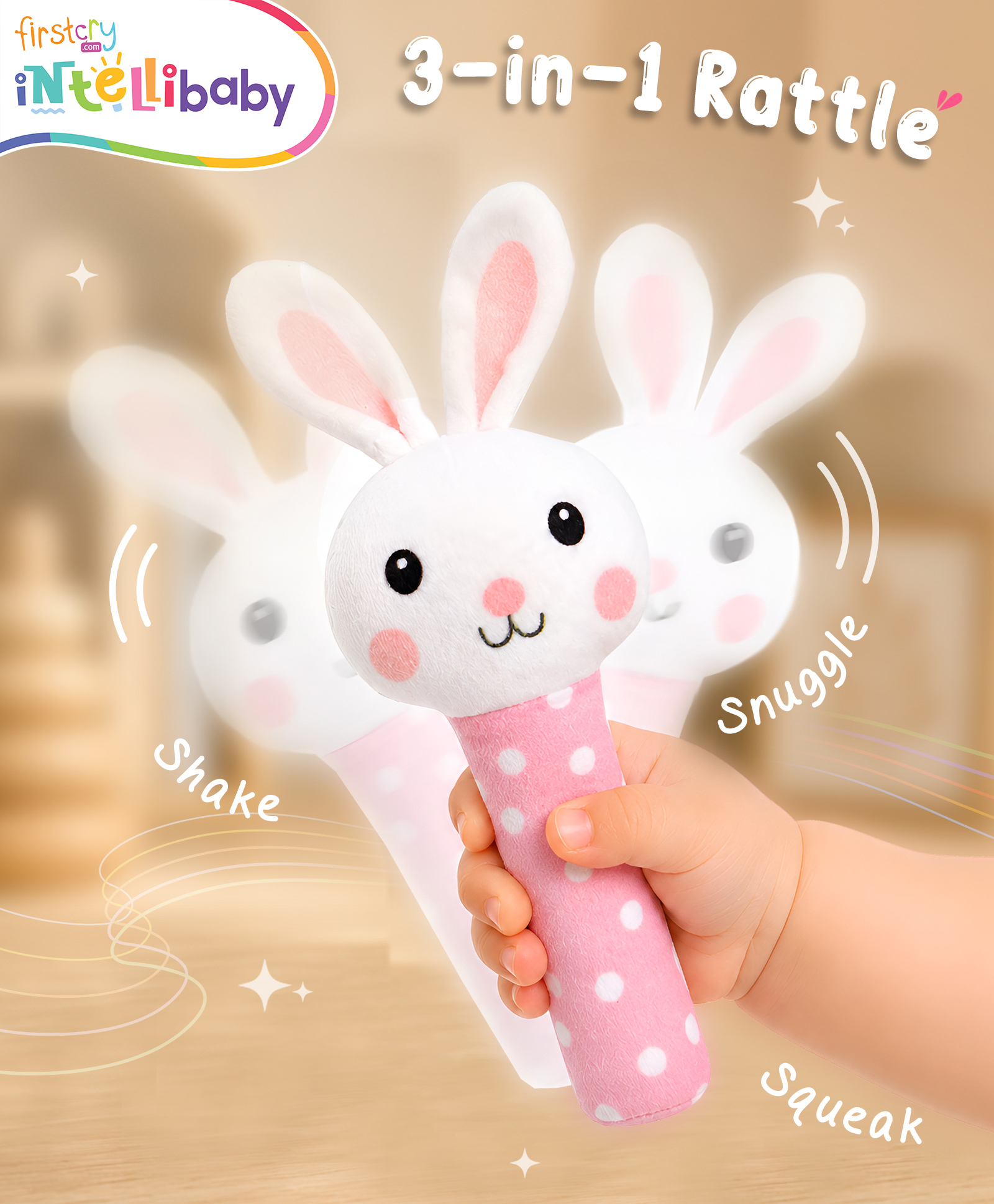 Intellibaby Tiny Tails Bunny Handheld Rattle for Infants | Soft Animal Plush Toy Squeeze Handle for Squeaky Sound Sensory & Motor Skills Baby Safe Paediatrician Approved BIS Approved - Multicolor-picture-43