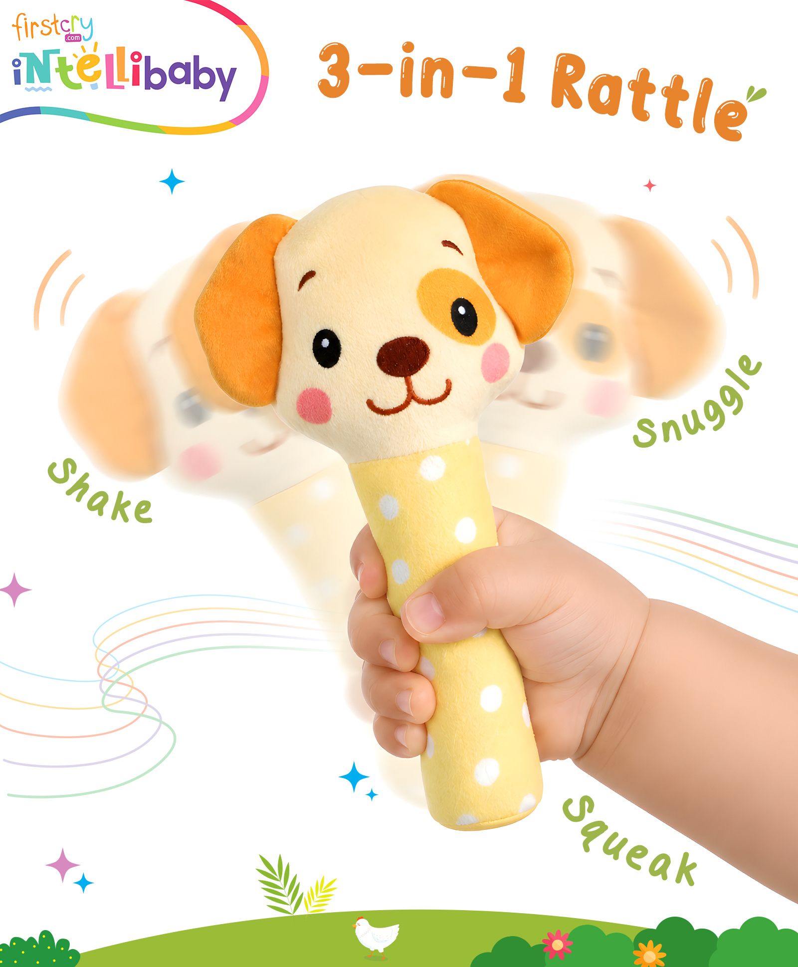 Intellibaby Tiny Tails Dog Handheld Rattle for Infants | Soft Animal Plush Toy Squeeze Handle for Squeaky Sound Sensory & Motor Skills Baby Safe | Paediatrician Approved BIS Approved - Multicolor-image-28