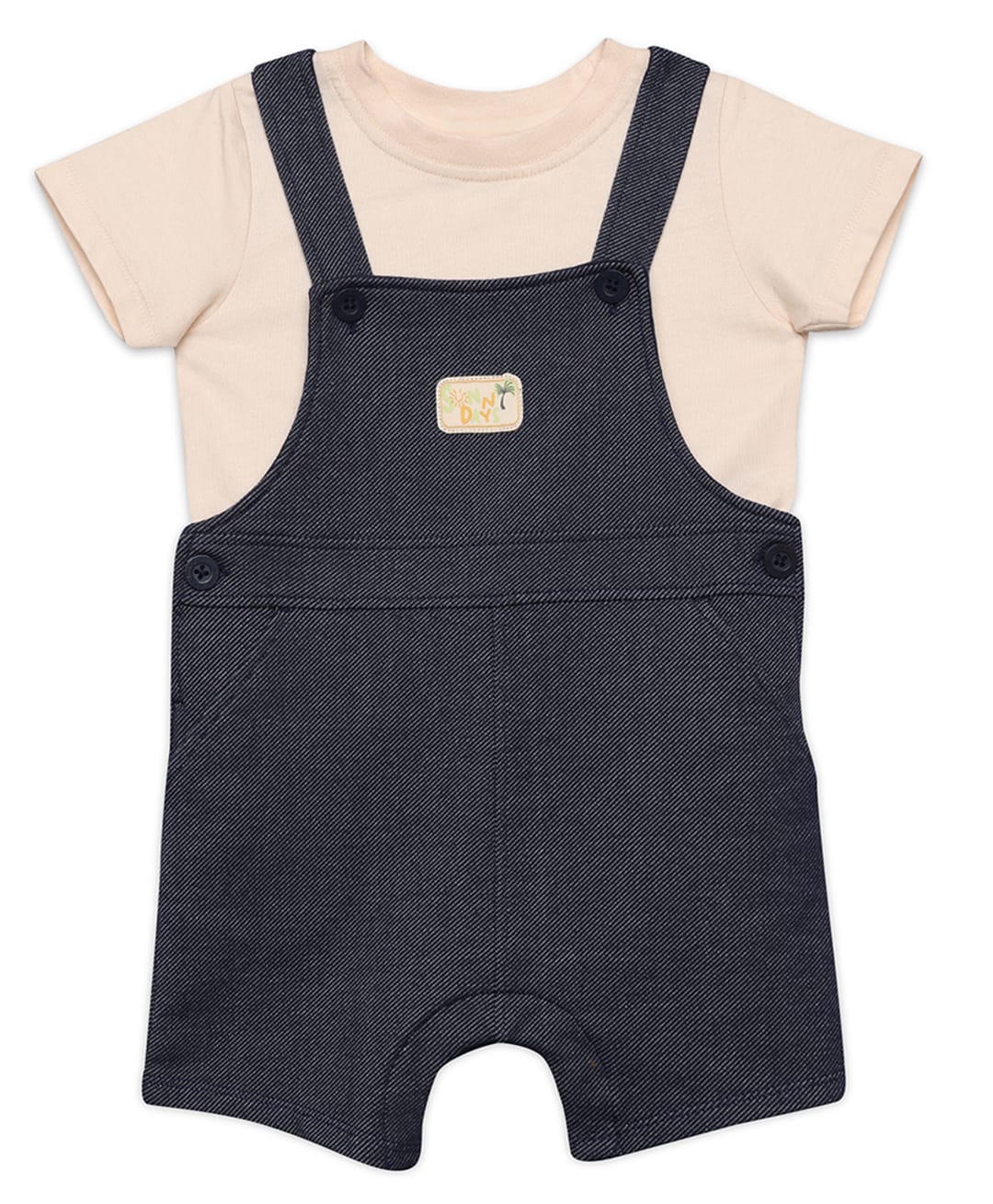 MINI KLUB Cotton Knit Sundays Text Patch Detailed Dungaree With Half Sleeves Solid Tee - Navy Blue & Beige-image-30