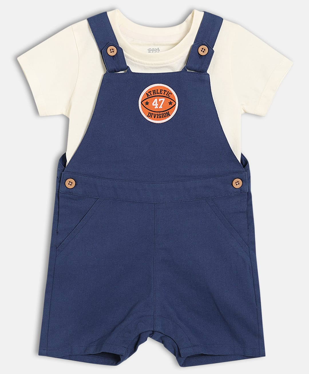 MINI KLUB Cotton Knit Athletic Division Text Patch Detailed Dungaree With Half Sleeves Solid Tee - White & Navy Blue-picture-11