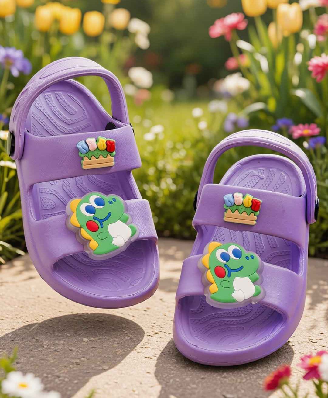 Yellow Bee Dinosaur Applique Detailed Slingback Sandals - Purple-picture-13