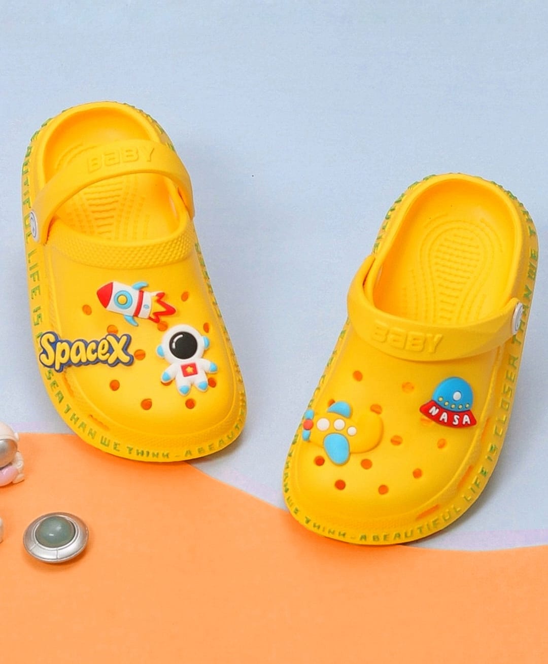 Yellow Bee Space Theme Perforated Slingback Clogs - Yellow-image-28