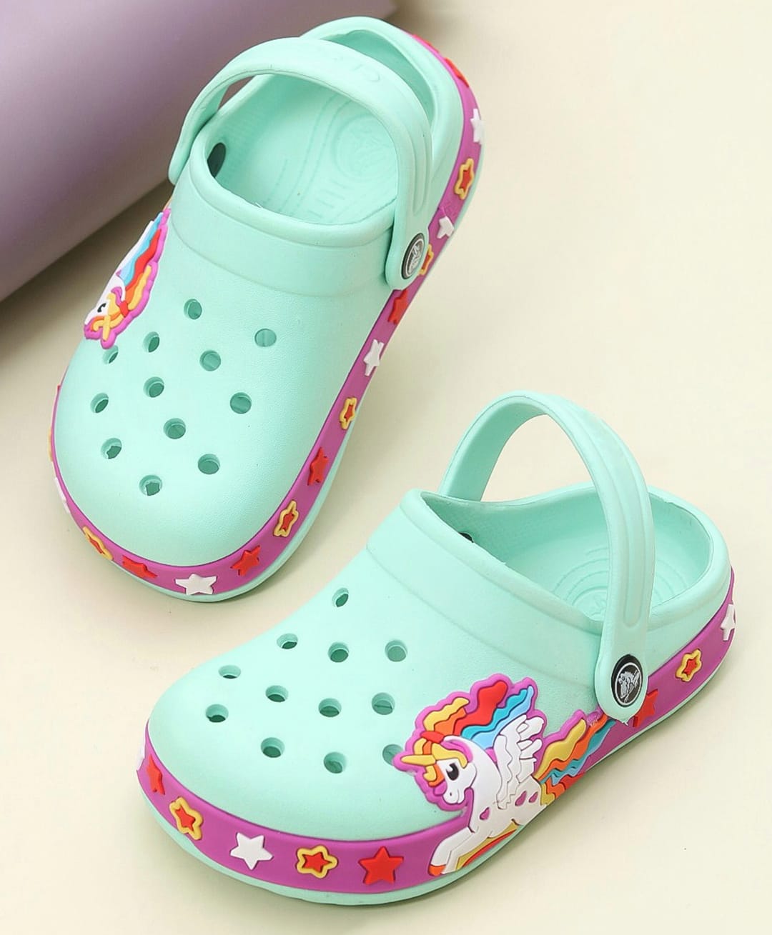 Yellow Bee Unicorn Patch Detailed Perforated Sling Back Clogs - Aqua Blue-image-40