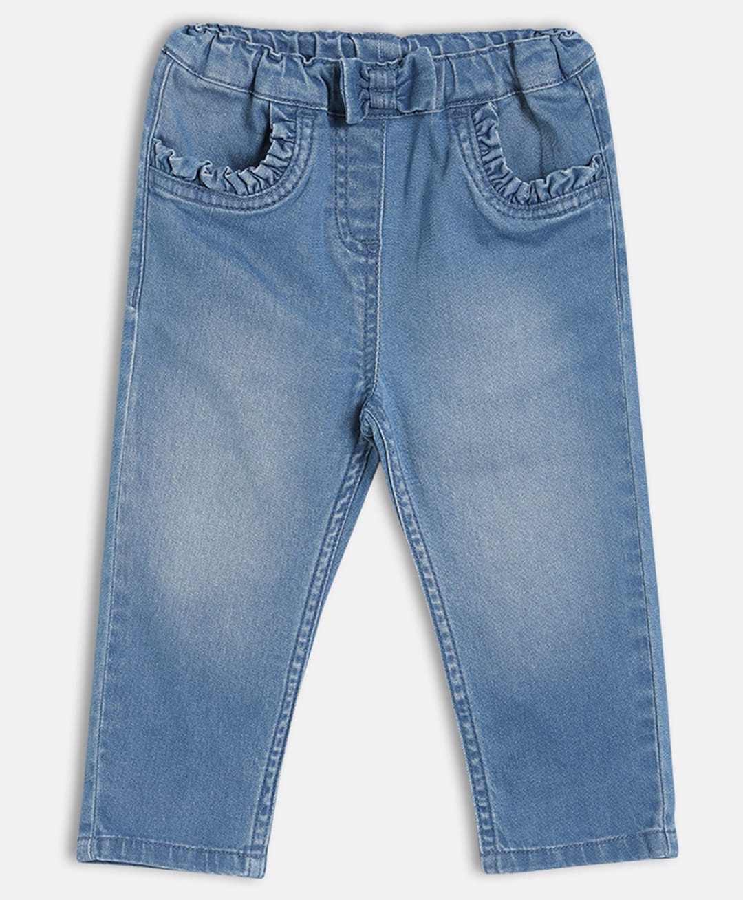 MINI KLUB Cotton Blend Woven Bow Applique & Frill Detailed Washed Jeans - Blue-image-26