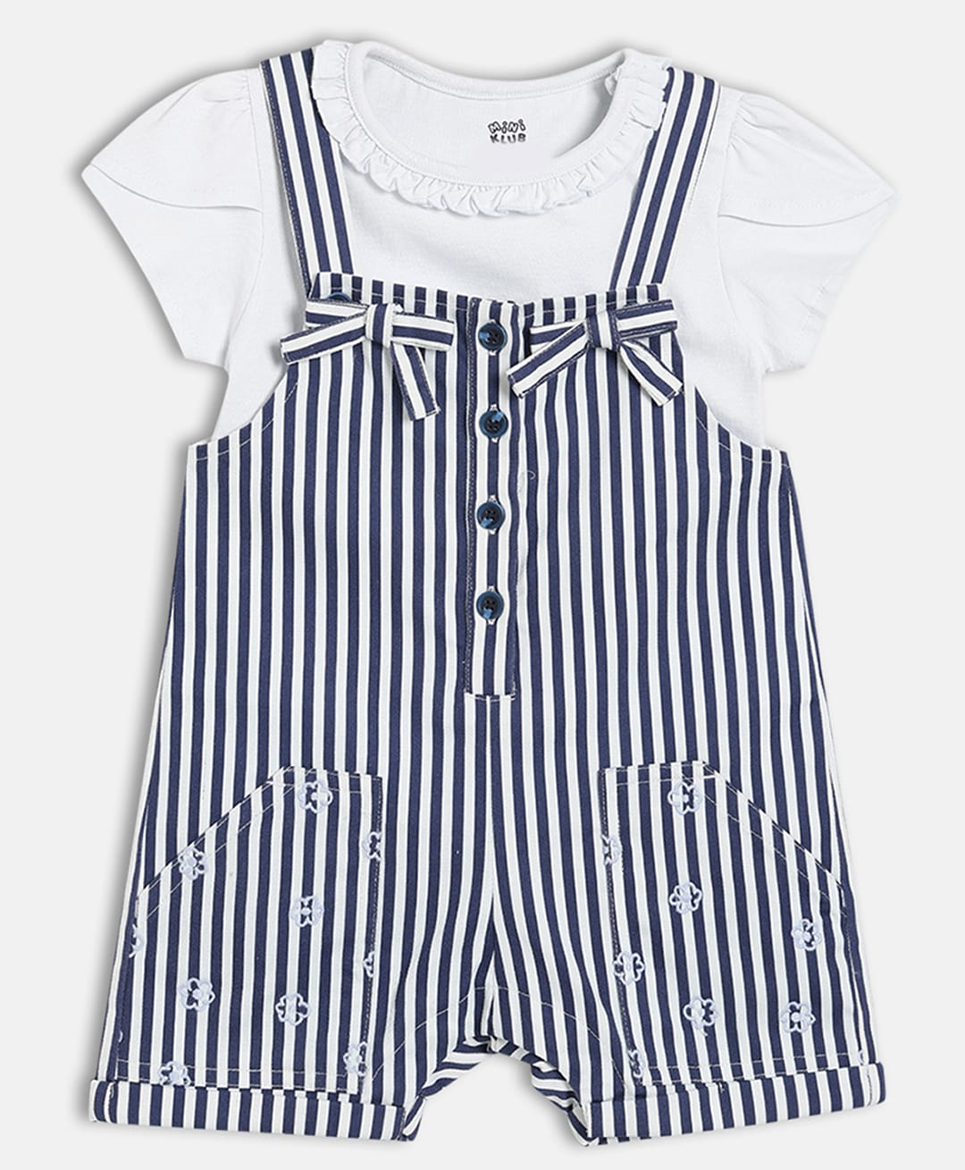 MINI KLUB Cotton Woven Striped Dungaree With half Sleeves Tee - White & Navy Blue-picture-37
