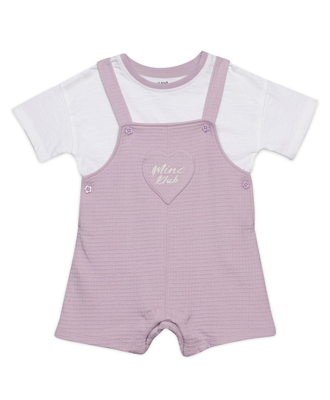 MINI KLUB Cotton Knit Heart Patch Detailed Dungaree With Half Sleeves Tee - Lavender & White-picture-12