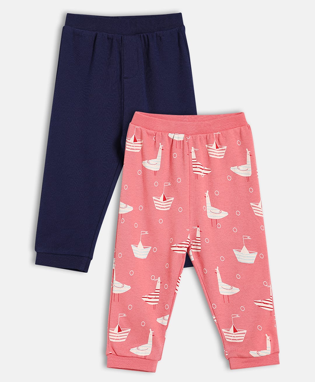 MINI KLUB Cotton Knit Pack Of 2 Solid & Birds Printed Pants - Pink & Navy Blue-picture-29