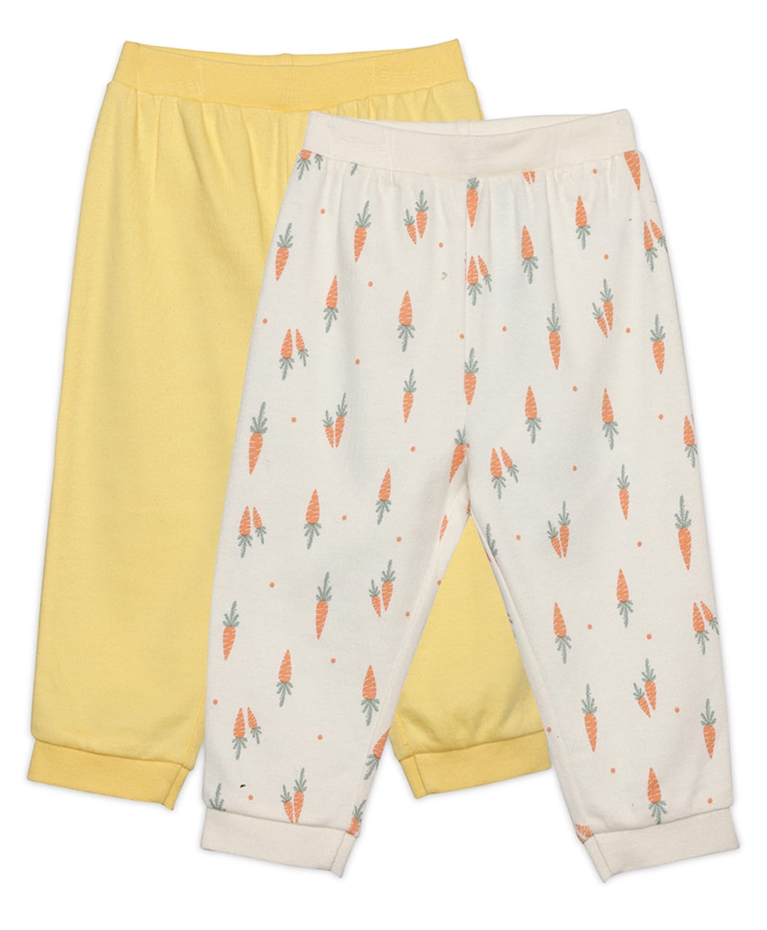MINI KLUB Cotton Knit Pack Of 2 Solid & Carrot Printed Pants - Yellow & White-picture-31