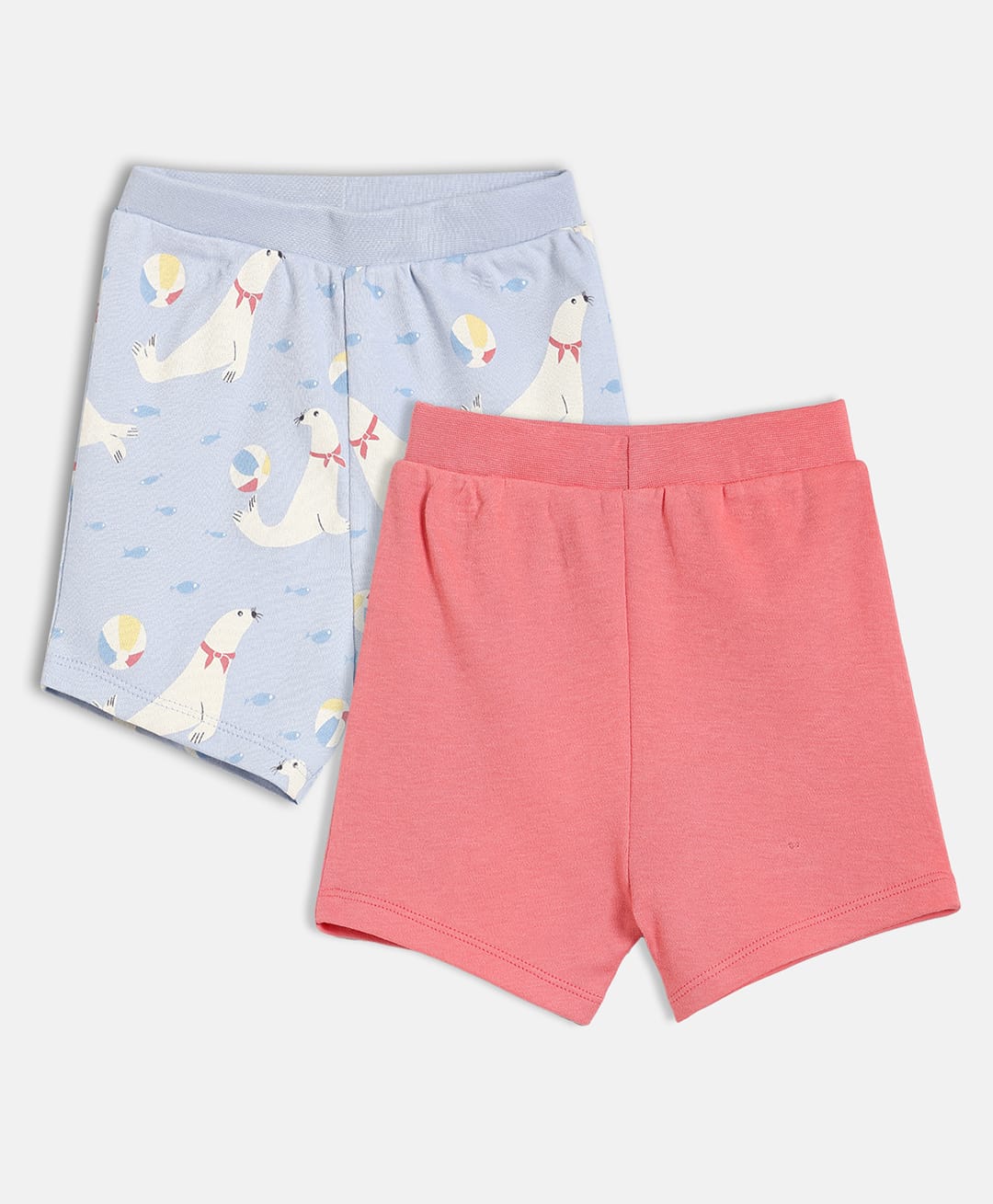 MINI KLUB Cotton Knit Pack Of 2 Seal Printed & Solid Shorts - Pink & Blue-picture-25