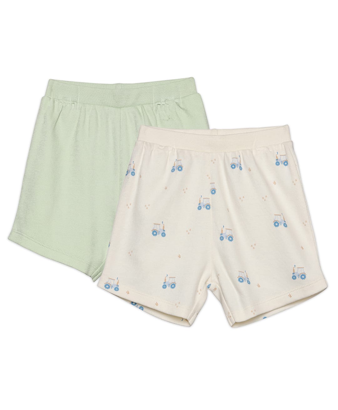 MINI KLUB Cotton Knit Pack Of 2 Tractor Printed & Solid Shorts - Green & White-picture-18